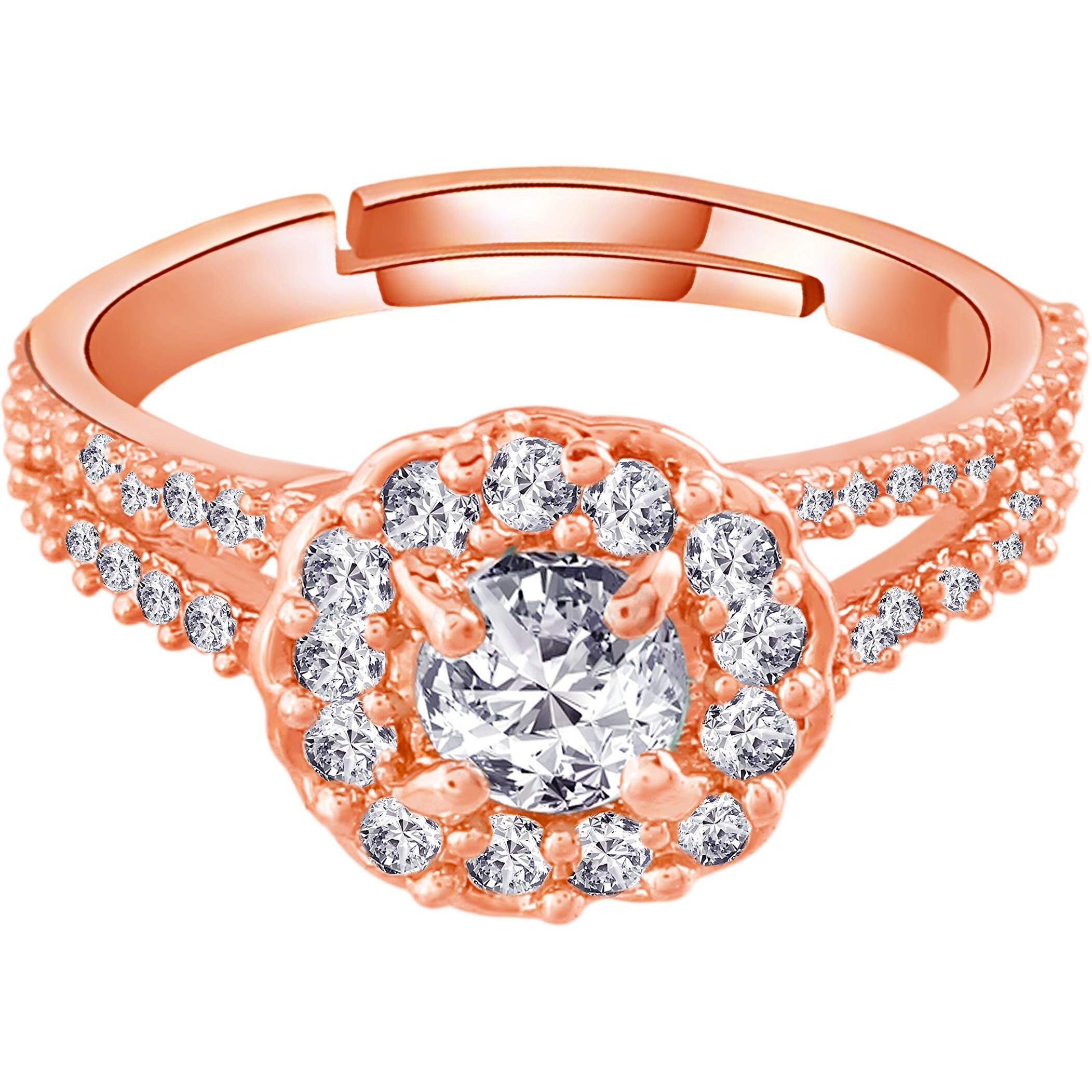 I Jewels Rose Gold Plated Elegant CZ American Diamond Sparkling Adjustable Finger Ring For Women