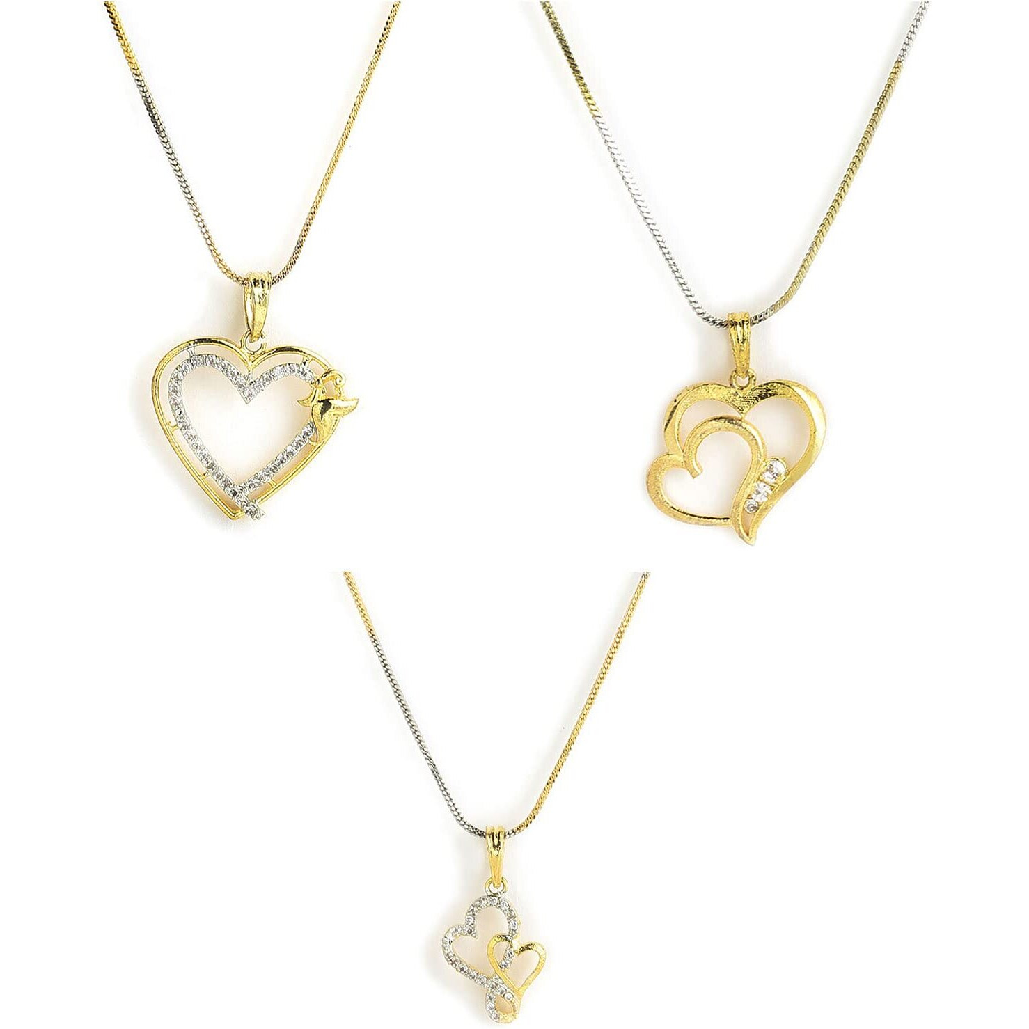 ZENEME Jewellery Set Gold Plated American Diamond Heart Shape and Crystal Style Pendant Necklace Set for Women and Girls Set Of 3 (Design 2)