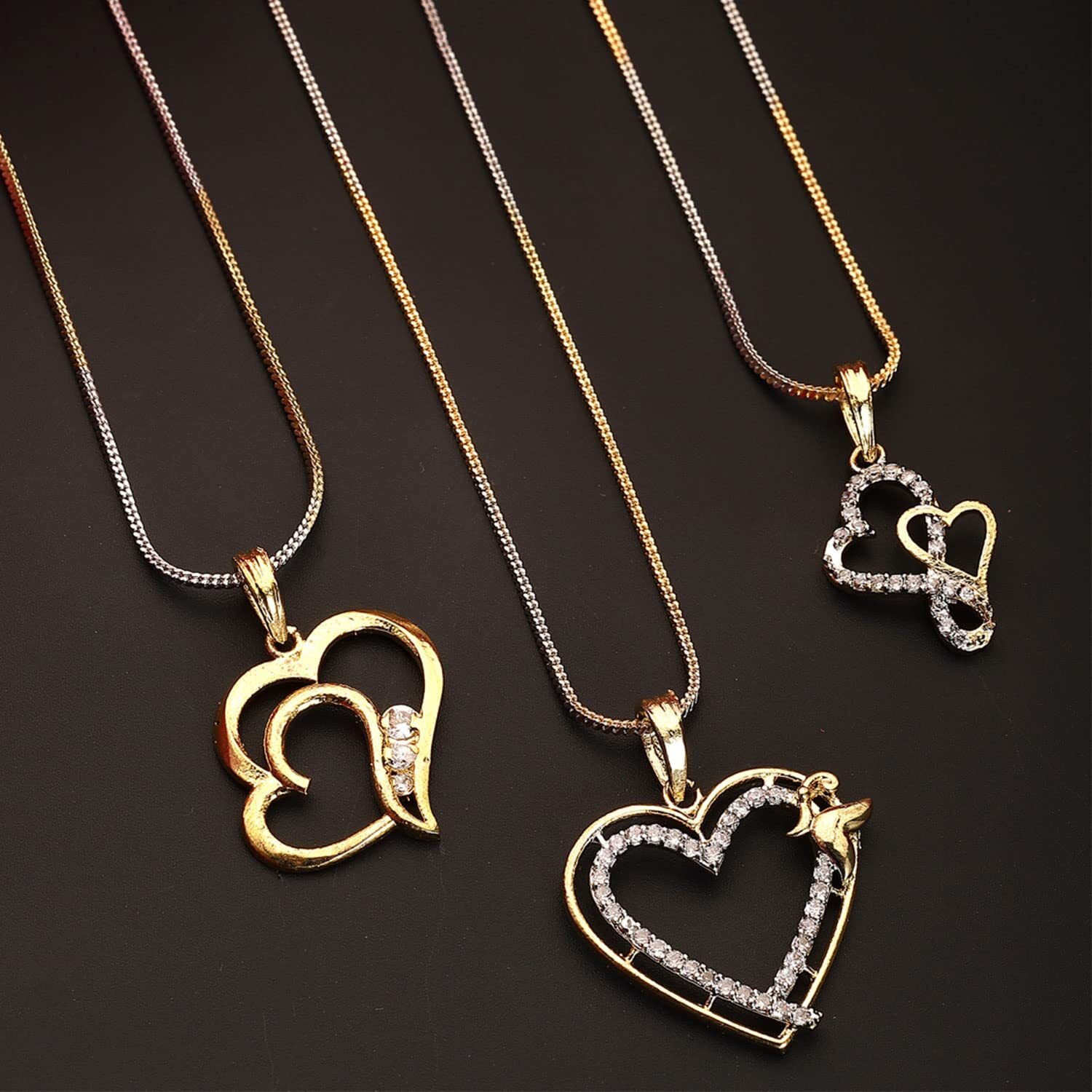 ZENEME Jewellery Set Gold Plated American Diamond Heart Shape and Crystal Style Pendant Necklace Set for Women and Girls Set Of 3 (Design 2)