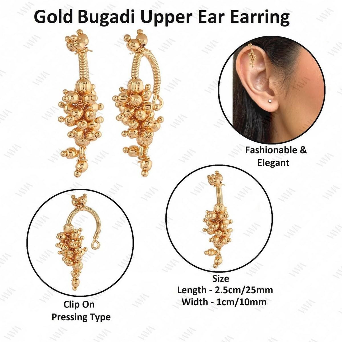 VAMA FASHIONS Traditional Maharashtrian Style Clip on Pressing Bugdi Upper Earring Ear Cuff For Women & Girls (Gold Bugdi For Upper Ear)