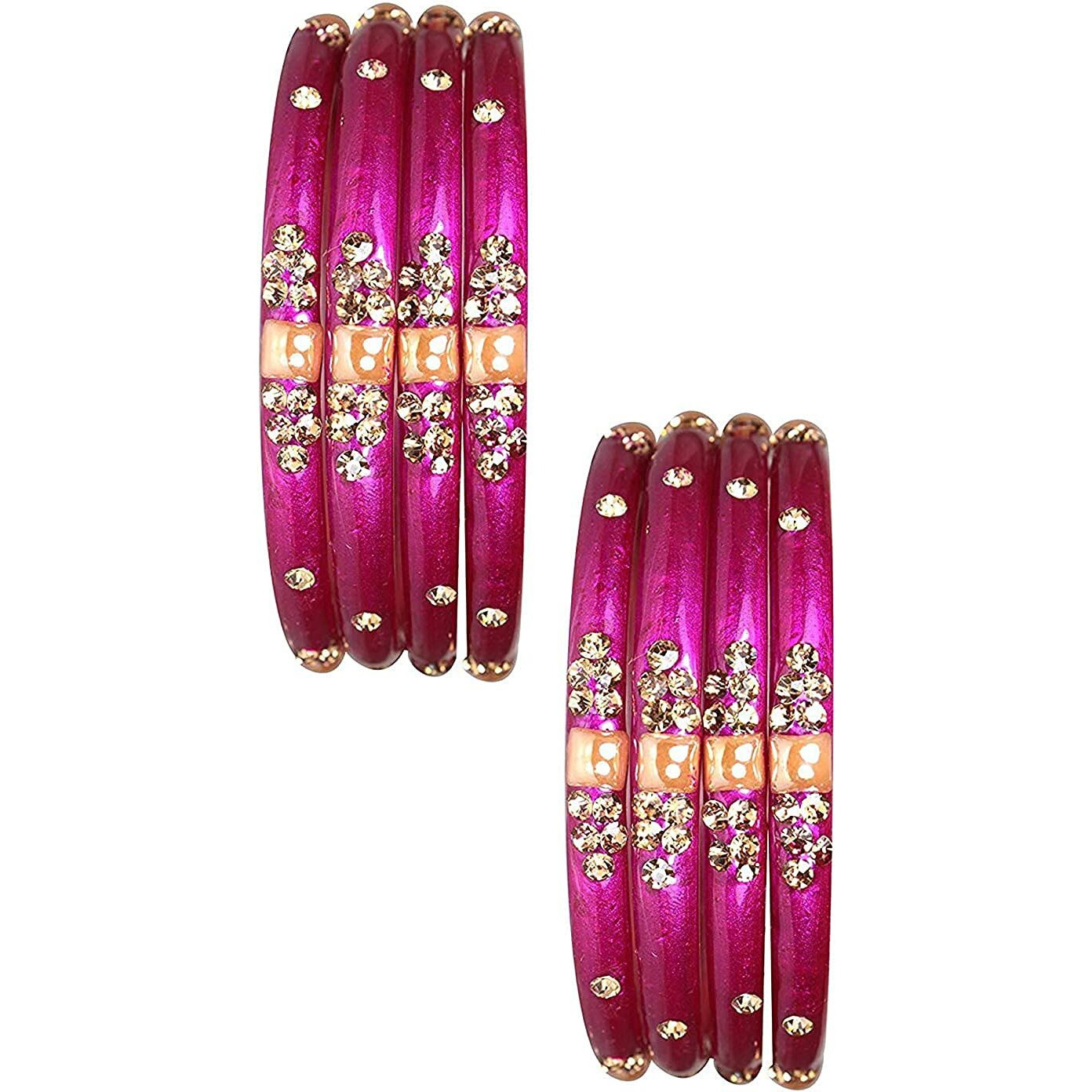 NMII Glass with Zircon Gemstone Or Beads Studded worked Glossy Finished Kada Set For Women and Girls, (Magenta_2.2 Inches), Pack Of 8 Kada Set