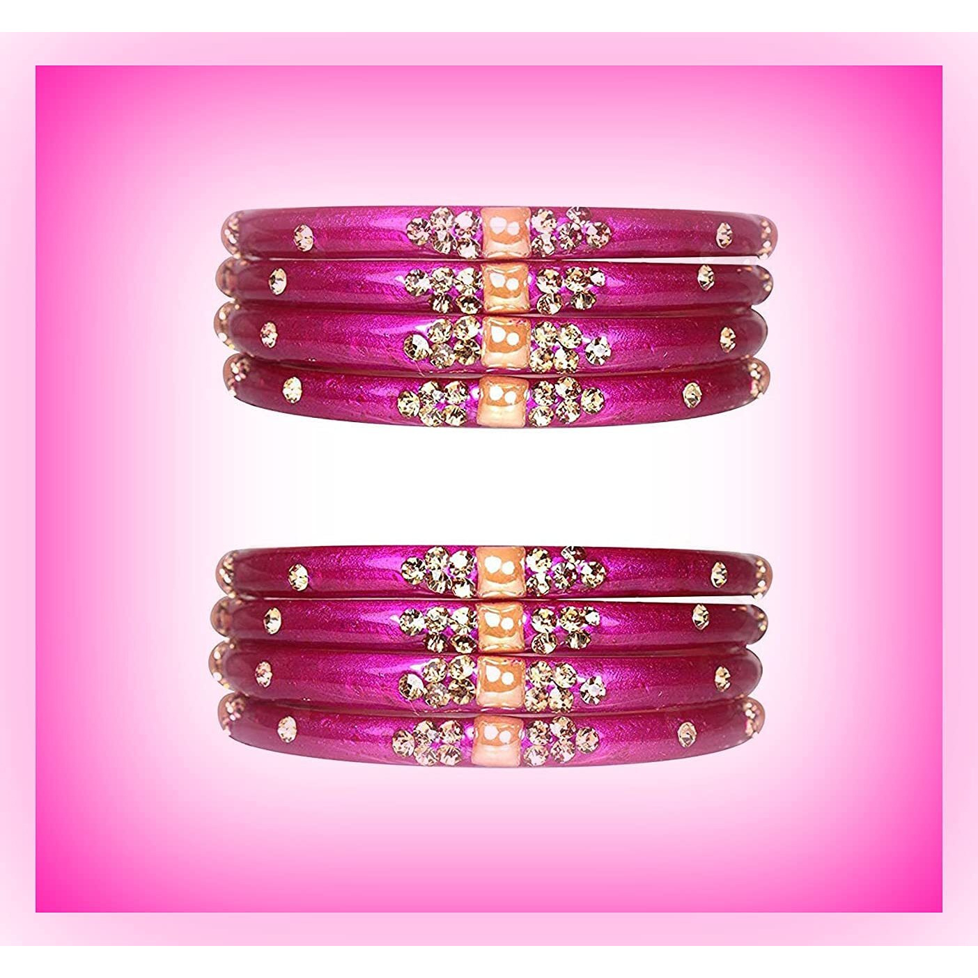 NMII Glass with Zircon Gemstone Or Beads Studded worked Glossy Finished Kada Set For Women and Girls, (Magenta_2.2 Inches), Pack Of 8 Kada Set