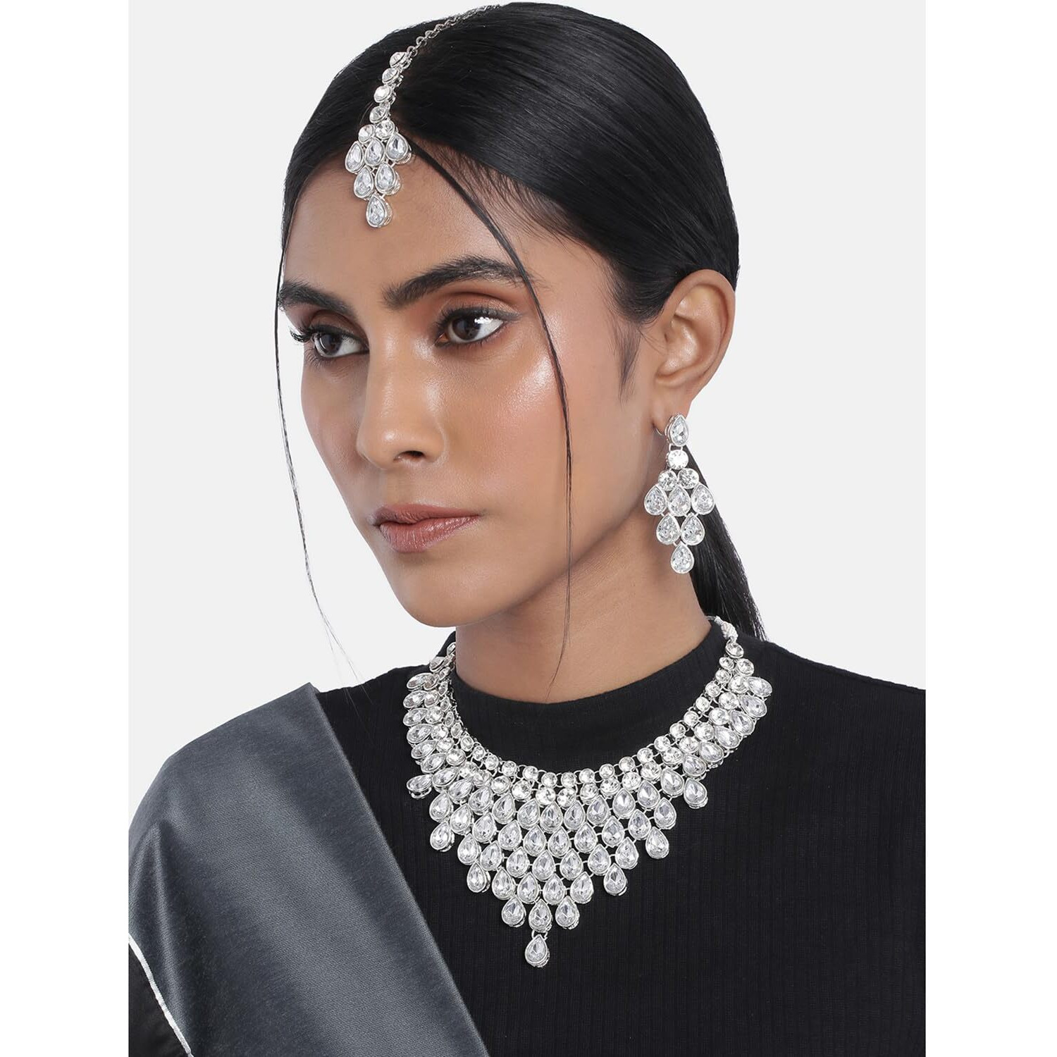 Peora Ethnic Indian Traditional Kundan Dulhan Bridal Jewellery Set with Earring Maang Tikka for Women Girls (Rhodium-White)