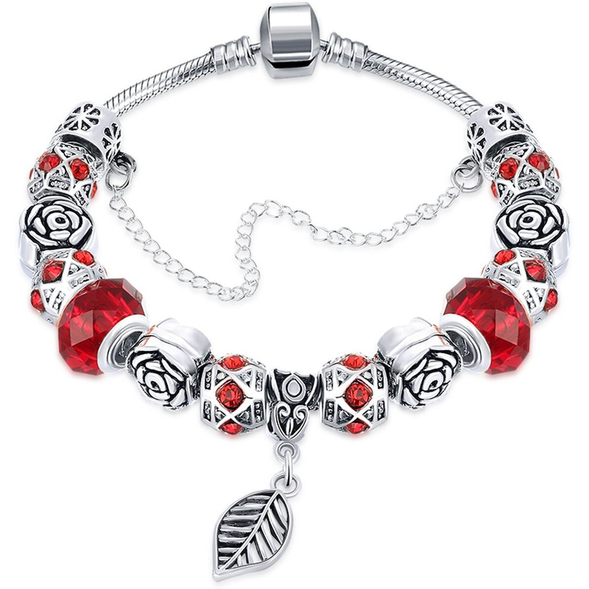 Young & Forever Gift Charismatic Charms Red Murano Glass Beads Bracelets for Women Fashion Silver Plated Cubic Zirconia Revival Leaf Charm Bracelet for Girls