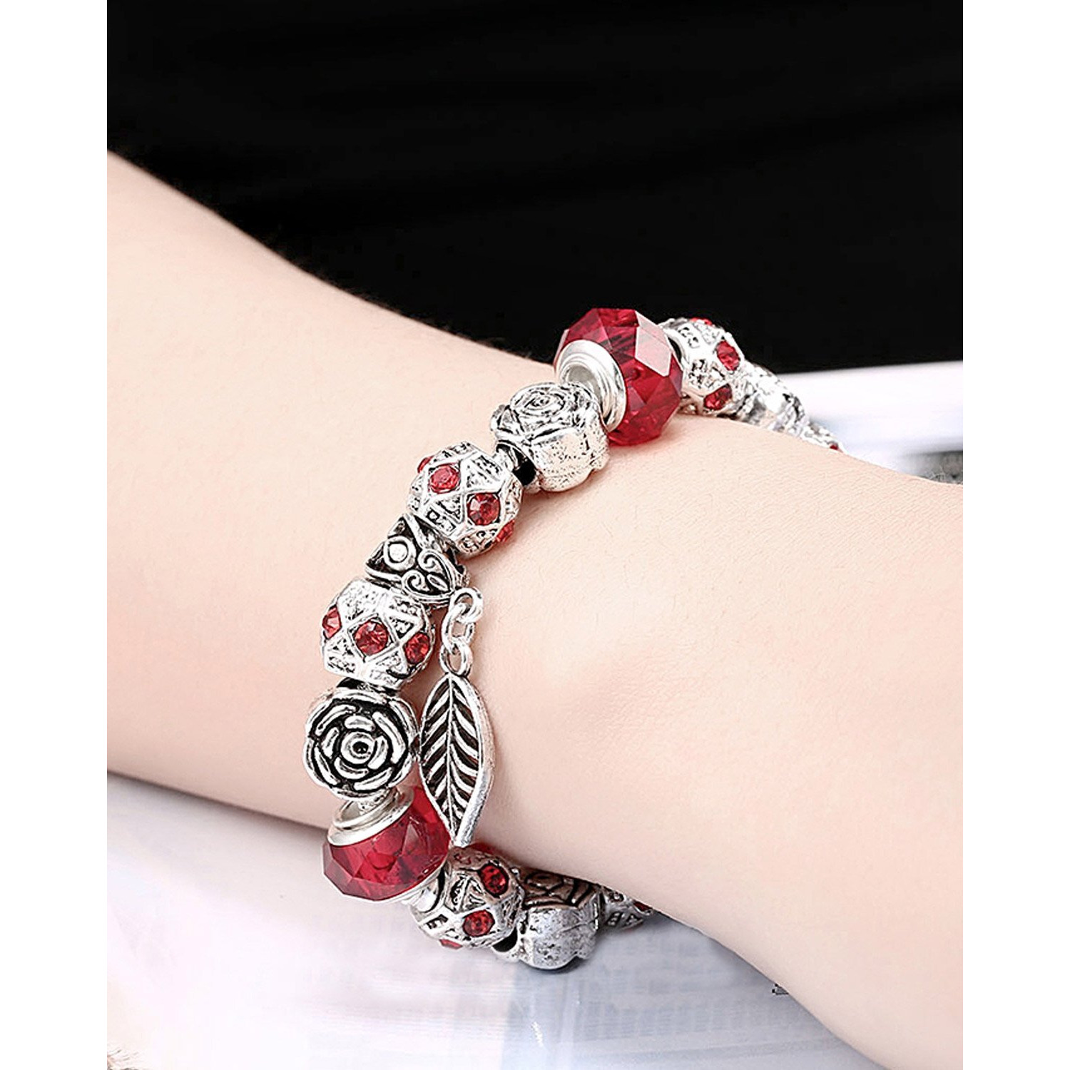 Young & Forever Gift Charismatic Charms Red Murano Glass Beads Bracelets for Women Fashion Silver Plated Cubic Zirconia Revival Leaf Charm Bracelet for Girls