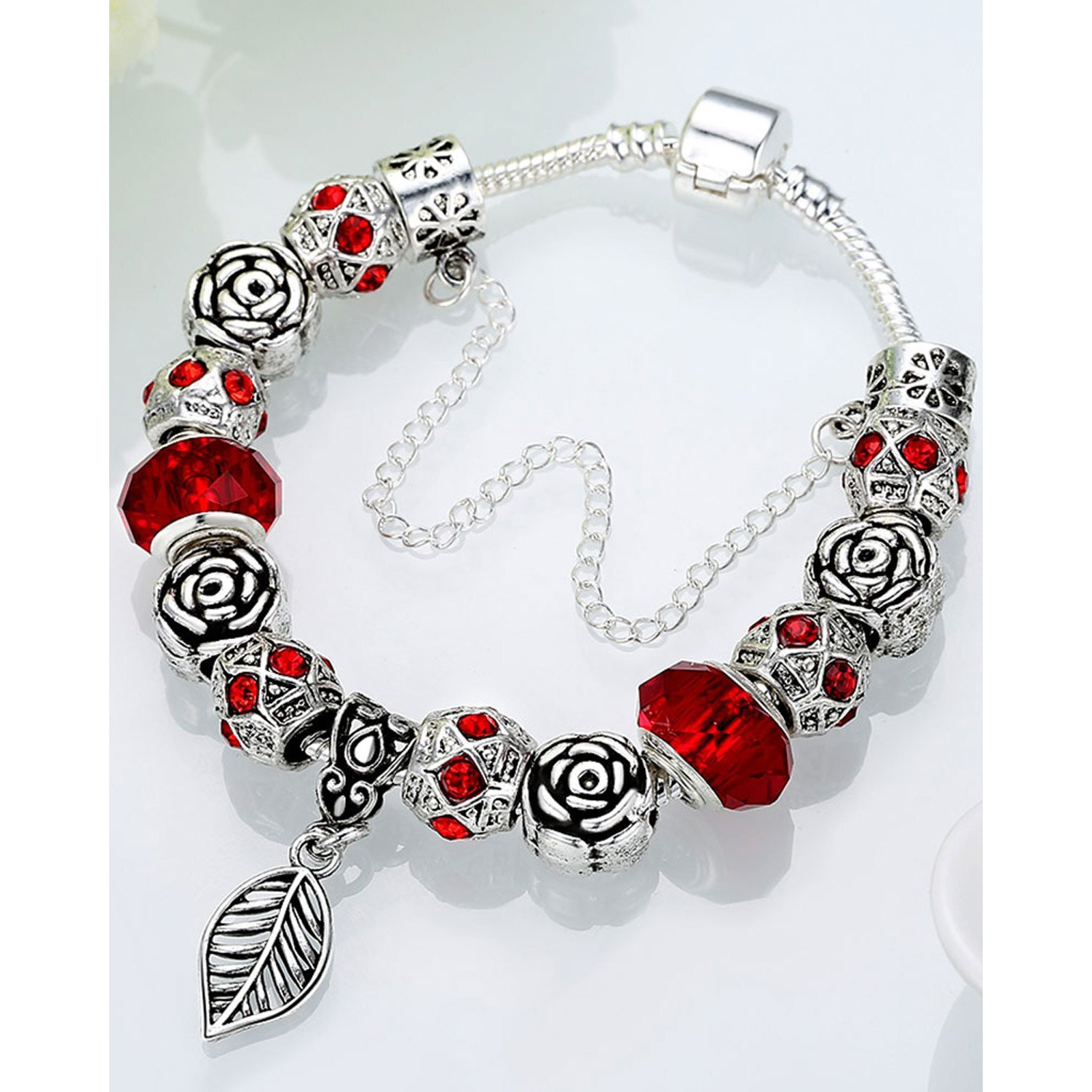 Young & Forever Gift Charismatic Charms Red Murano Glass Beads Bracelets for Women Fashion Silver Plated Cubic Zirconia Revival Leaf Charm Bracelet for Girls