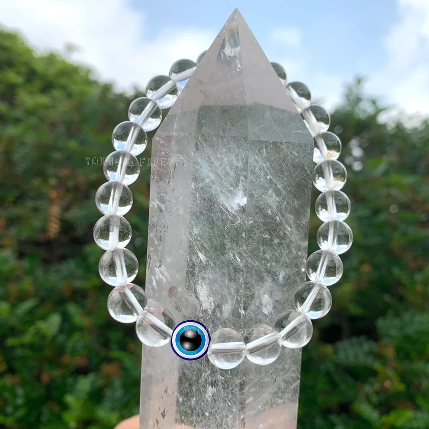 Young & Forever Evil Eye Original Nazariya Green Clear Quartz Bead Bracelet for Men Beads Women Nazar Hand Bracelets Accessories Woman Girls