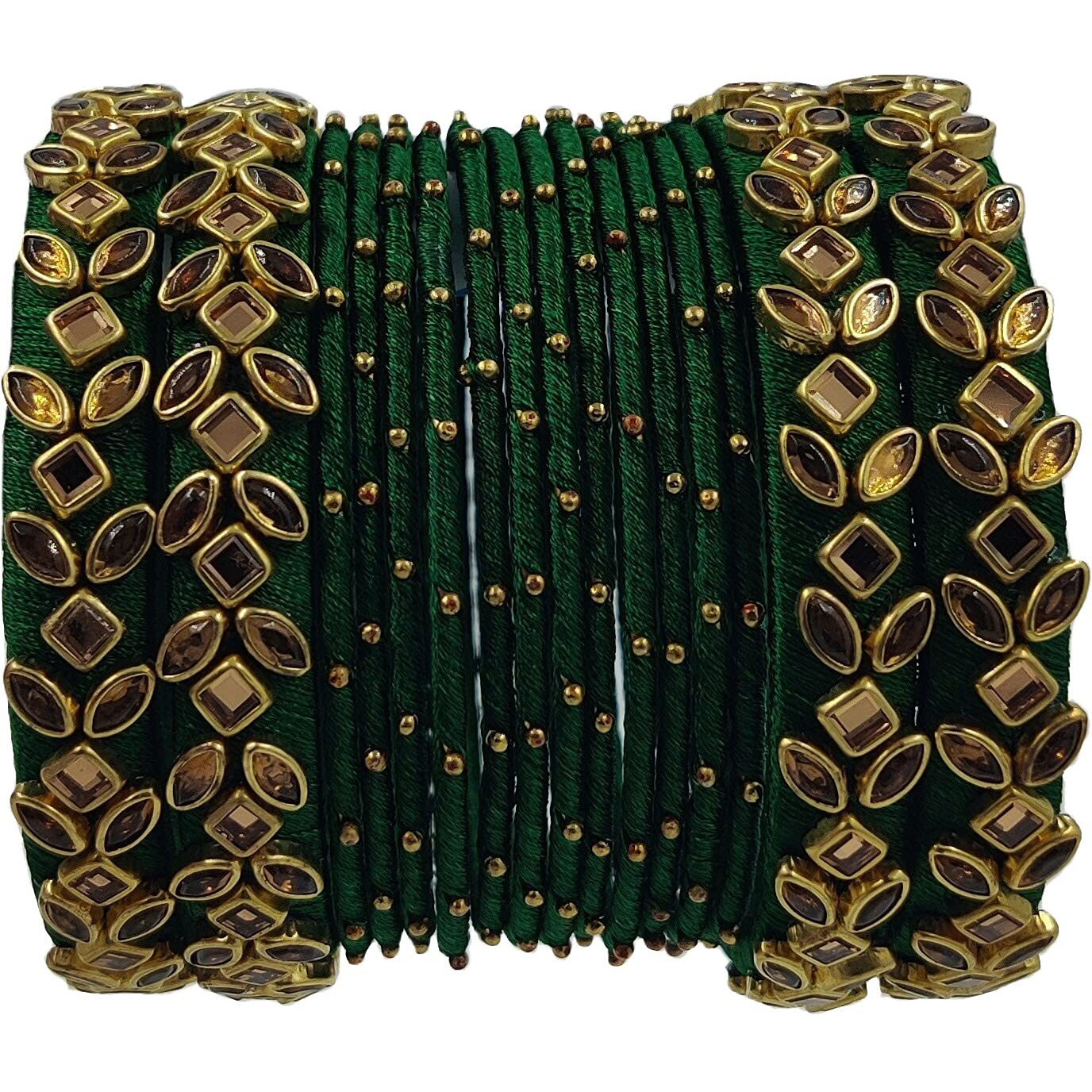 Yaalz Womens Silk Thread Rich Kundan Work With Metal Mix Heavy Bangle Set/Wedding Chuda In Dark Pine Green Colors