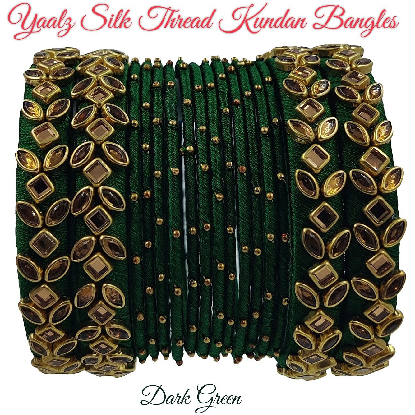 Yaalz Womens Silk Thread Rich Kundan Work With Metal Mix Heavy Bangle Set/Wedding Chuda In Dark Pine Green Colors