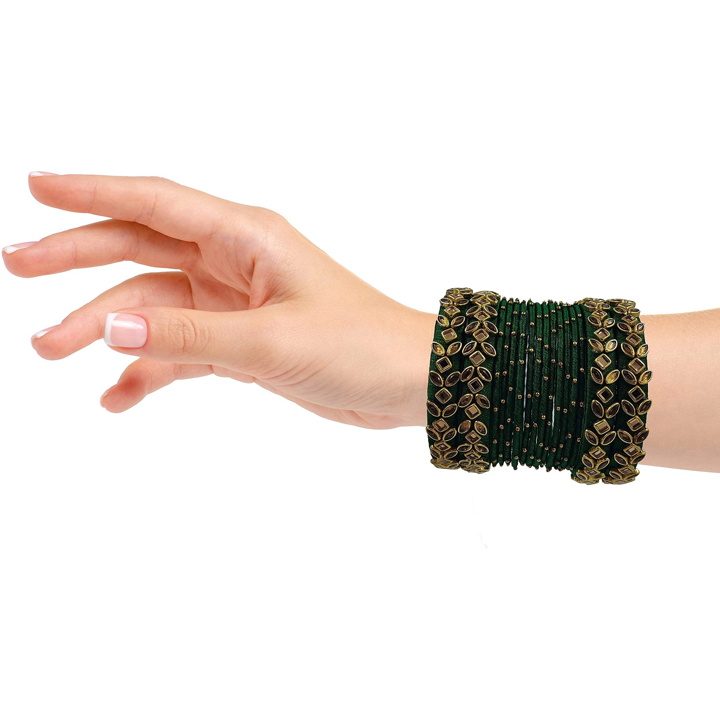 Yaalz Womens Silk Thread Rich Kundan Work With Metal Mix Heavy Bangle Set/Wedding Chuda In Dark Pine Green Colors