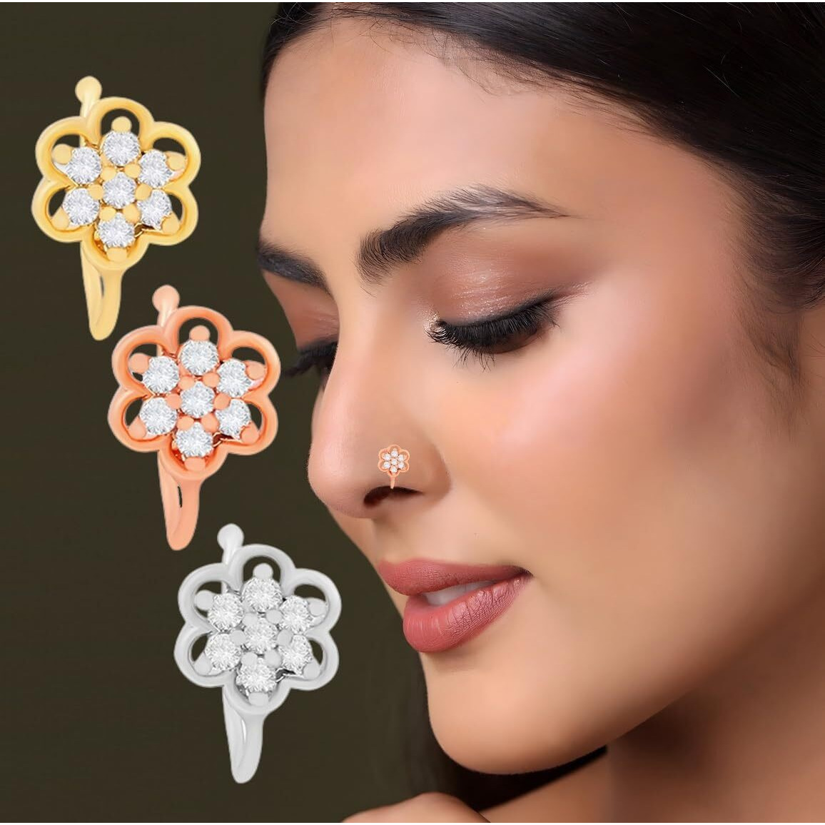 VAMA FASHIONS Clip on Nose rings without Piercing Pressing Press Type Combo Nose Pin Stud for Women & Girls (Press type Nose ring)