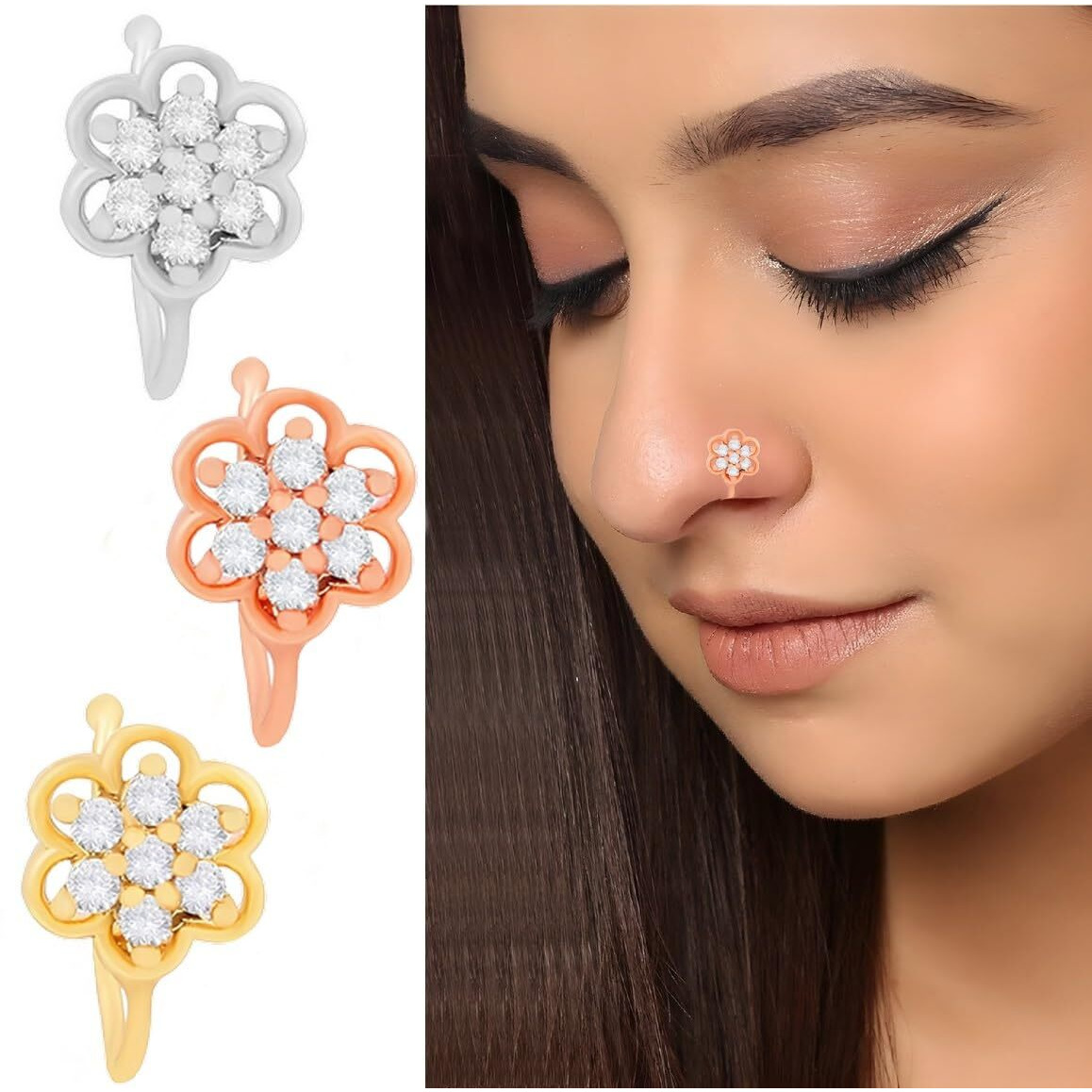 VAMA FASHIONS Clip on Nose rings without Piercing Pressing Press Type Combo Nose Pin Stud for Women & Girls (Press type Nose ring)