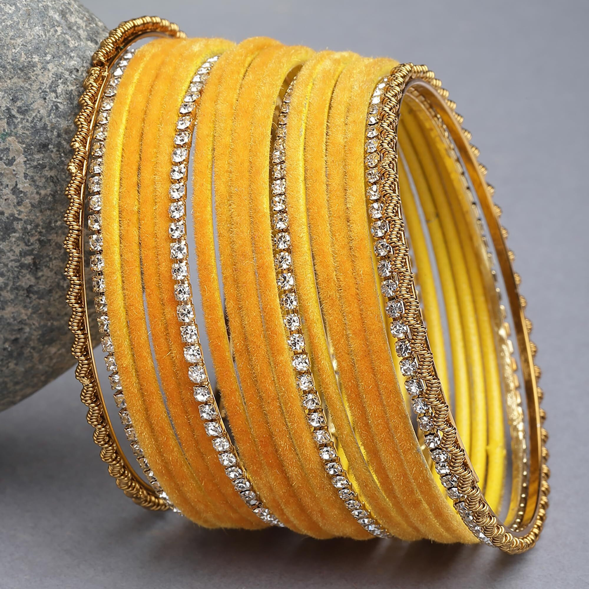 ZENEME Gold-Plated Matte Finish Velvet White American Diamonds Studded Bangles Set Of 36 For Girls and Women (2.6) (Yellow, 2.4)