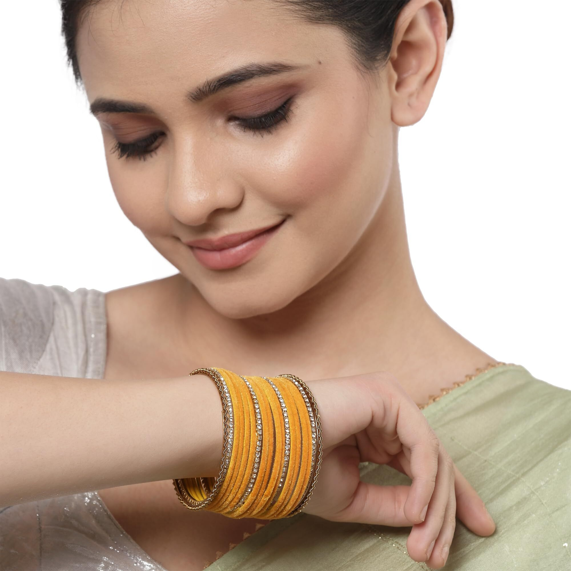 ZENEME Gold-Plated Matte Finish Velvet White American Diamonds Studded Bangles Set Of 36 For Girls and Women (2.6) (Yellow, 2.4)