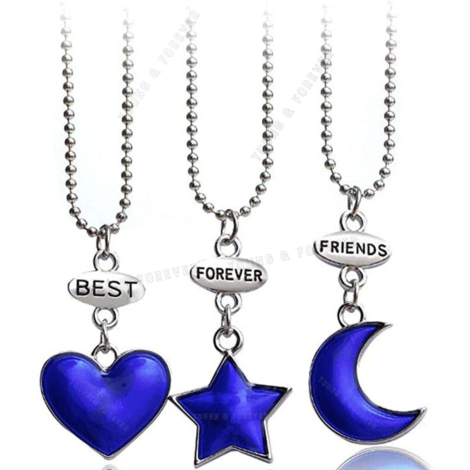 Young & Forever Gift Friendship Day Gifts Special Necklace For 3 Best Friend Couple Gift For 3 Matching Heart Best Friends Blue Heart Moon Star Pendant For Women