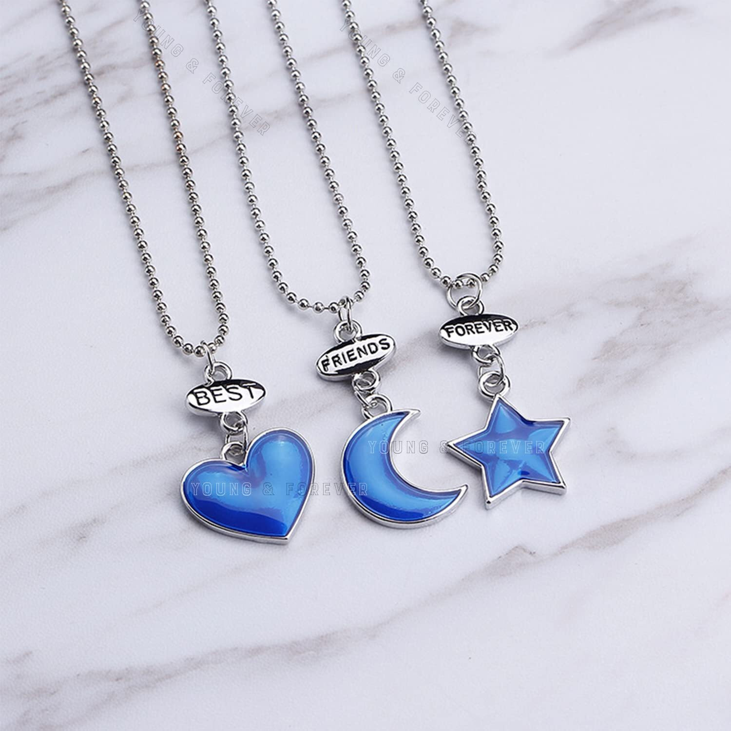 Young & Forever Gift Friendship Day Gifts Special Necklace For 3 Best Friend Couple Gift For 3 Matching Heart Best Friends Blue Heart Moon Star Pendant For Women