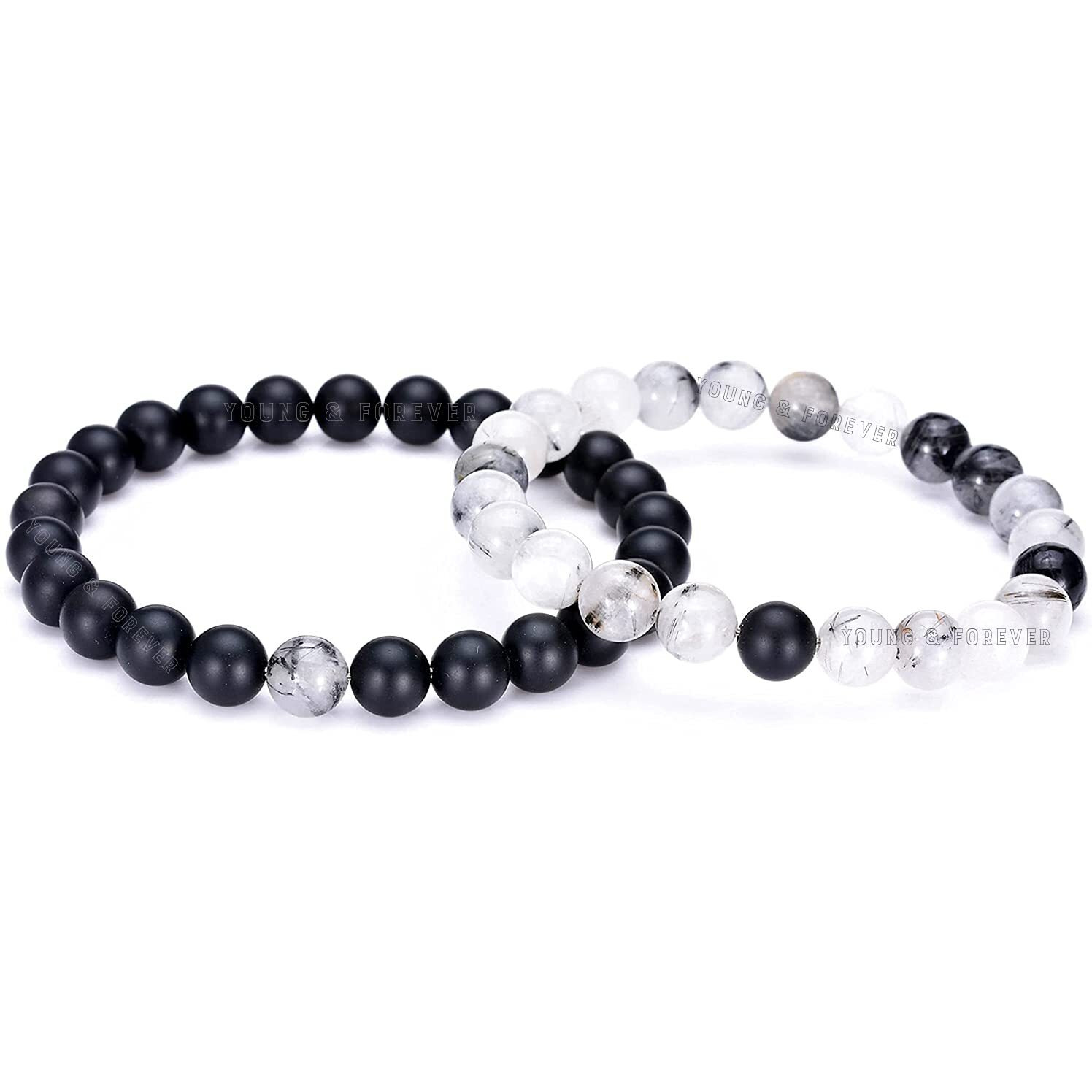 Young & Forever Gift Mens Beaded Bracelets Onyx Stone Beads for Women Anxiety Long Distance Relationships Black Rutile Couples Bracelets Set of 2 Couples Gift