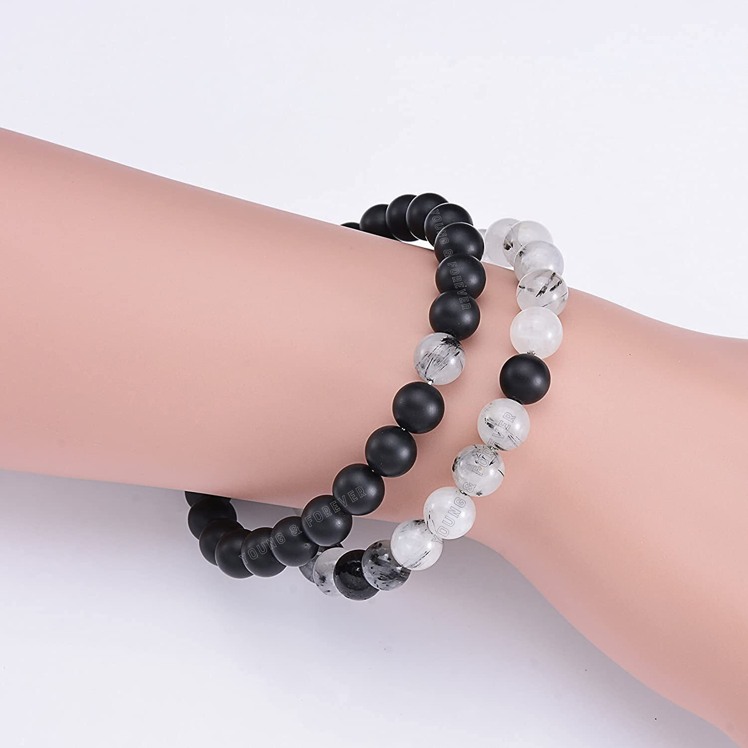 Young & Forever Gift Mens Beaded Bracelets Onyx Stone Beads for Women Anxiety Long Distance Relationships Black Rutile Couples Bracelets Set of 2 Couples Gift