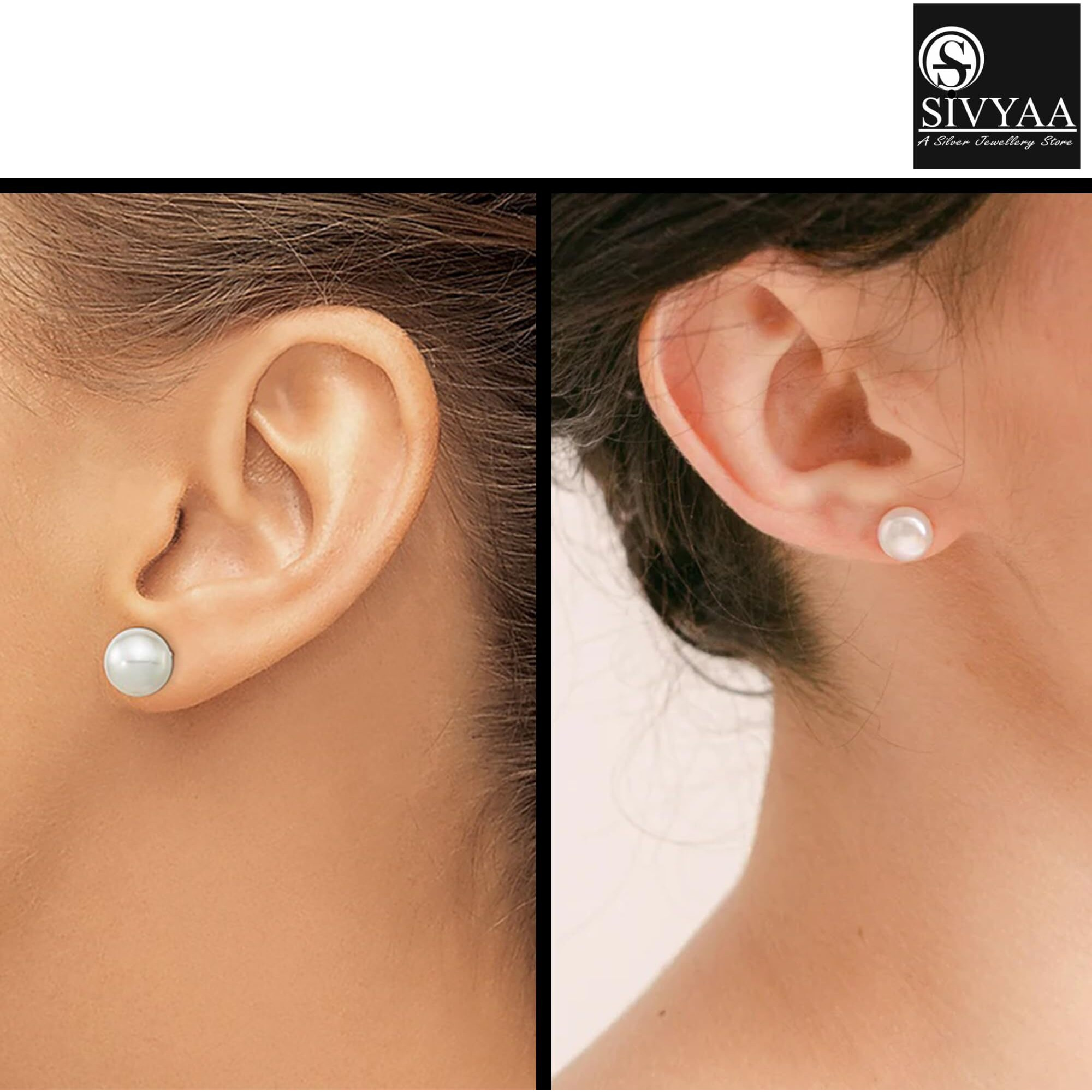 SIVYAA Fresh Water Pearl Earrings Set | Pure 925 Sterling Silver | High Lustre White Button Shape Real Pearl Studs| Gift Item for Women & Girls | 6 Month Warranty, Size 9 mm