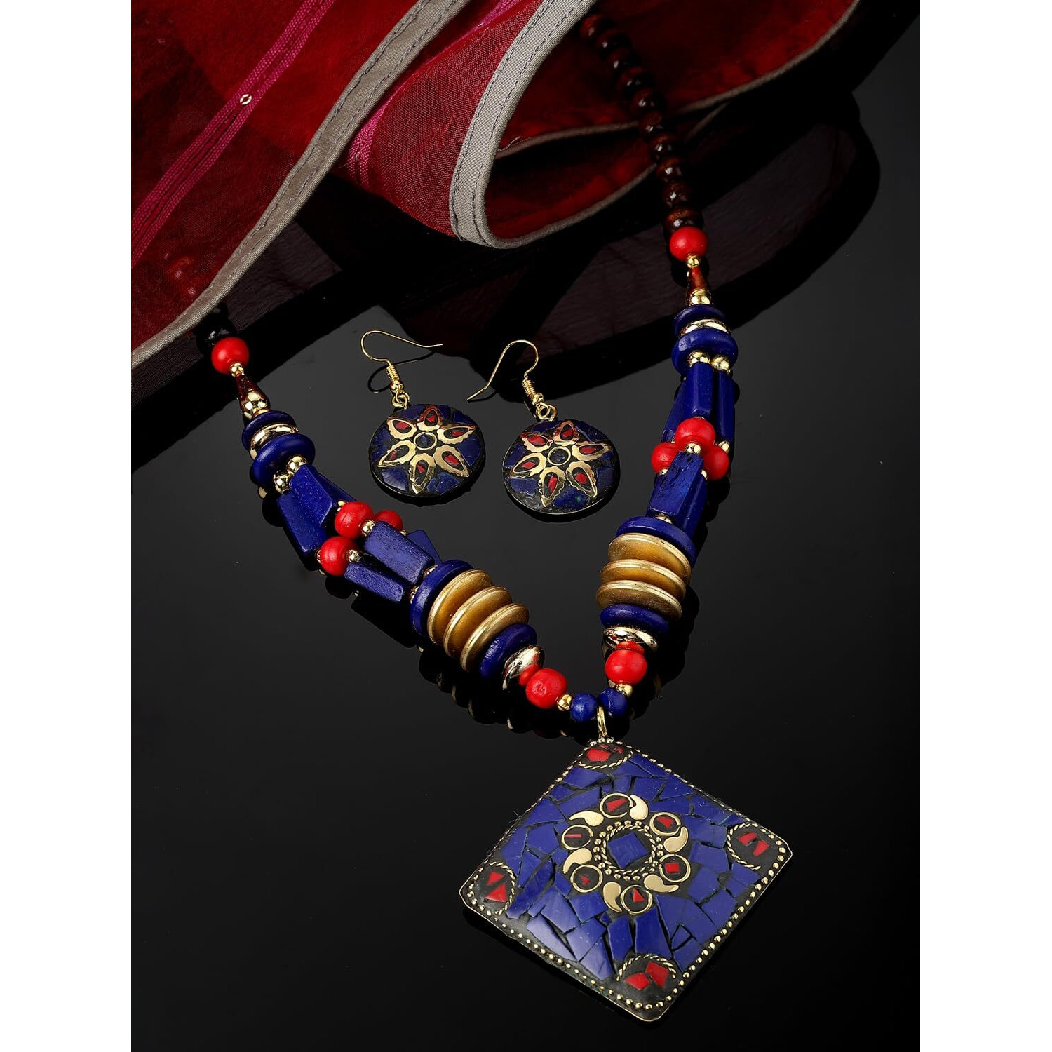 Shining Diva Fashion Latest Stylish Traditional Tibetan Pendant Necklace Oxidised Jewellery Set for Women (15552s)