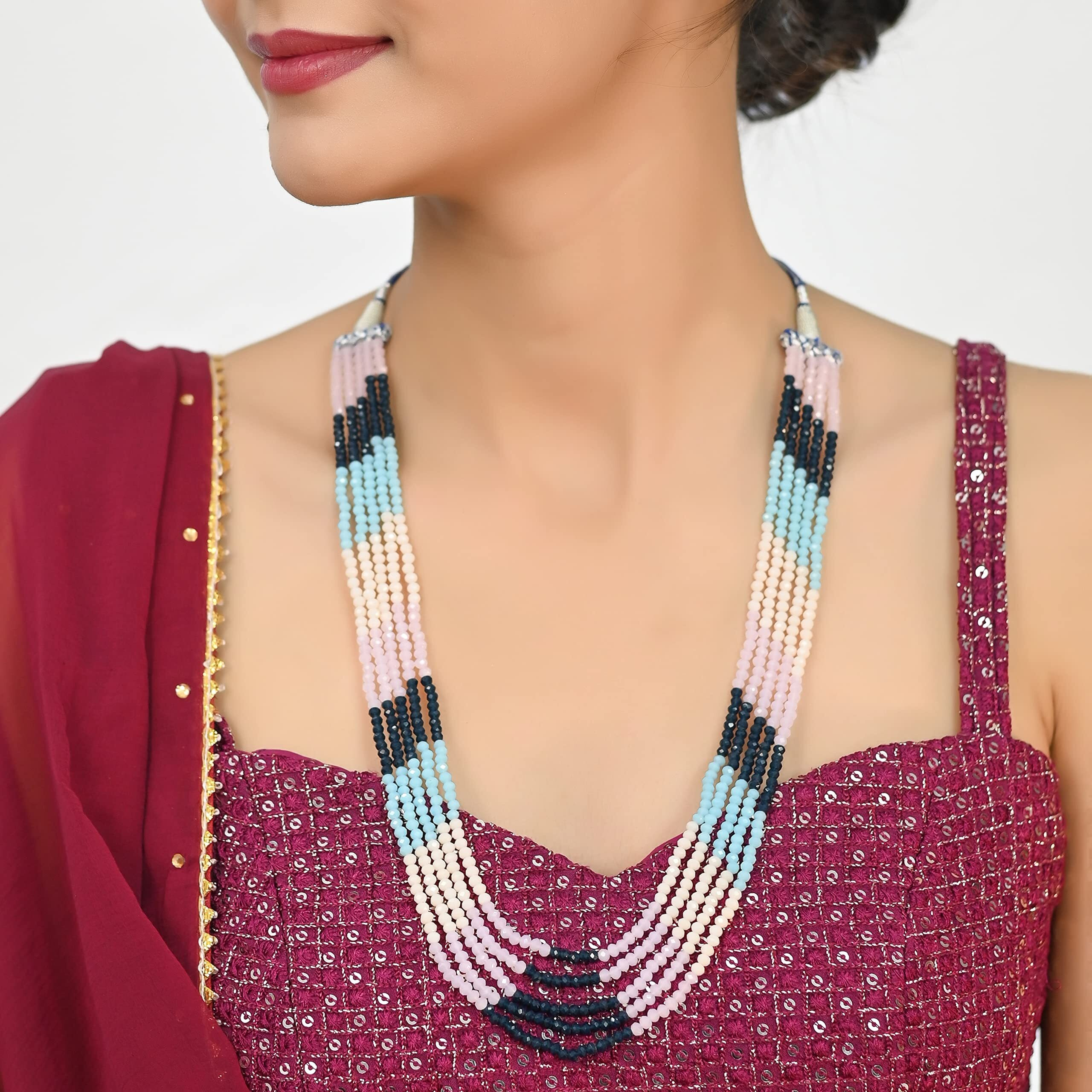 RATNAVALI JEWELS Five Layer Multi-Colour Blue Aqua Cream White Crystal Stone Beads Necklace for Women and Girls (Multi Color Five Layer) (Five Layer)