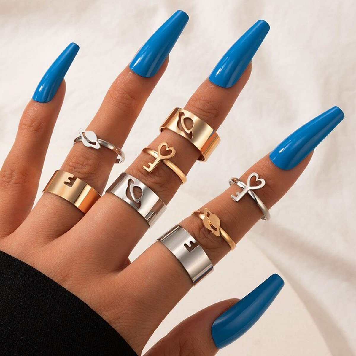Jewels Galaxy Jewellery For Women Gold-Silver Plated Heart-Key inspired Stackable Rings Set of 8 (JG-PC-RNGH-988)