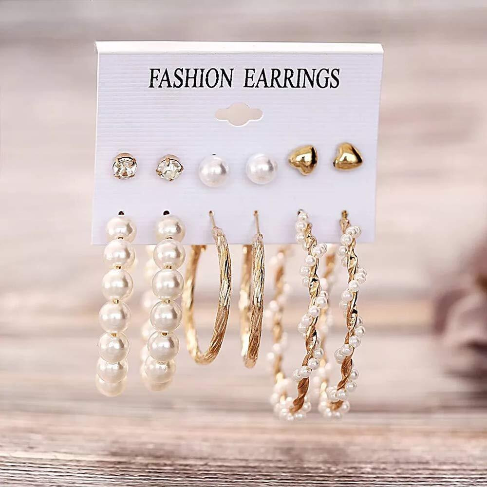 Shining Diva Fashion Latest Stylish 6 Pairs Combo Pearl Hoop Stud Earrings for Women and Girls, White Gold, 1 (11865er)