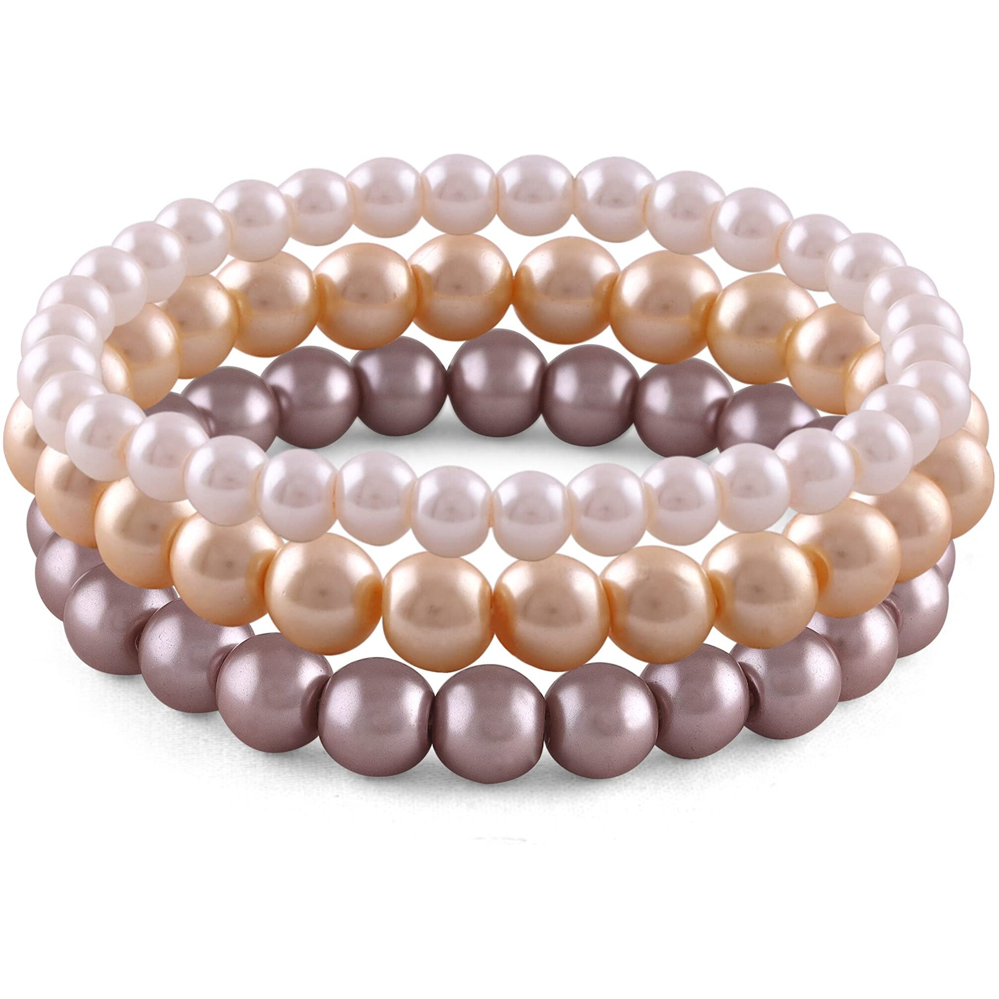 JFL - Jewellery for Less Combo of 8mm Faux Pearl 3 Stretchable Bracelets Handcrafted for Women and Girls (Combo of 3)(Baby Pink,Cream gold,Light Brown),Valentine
