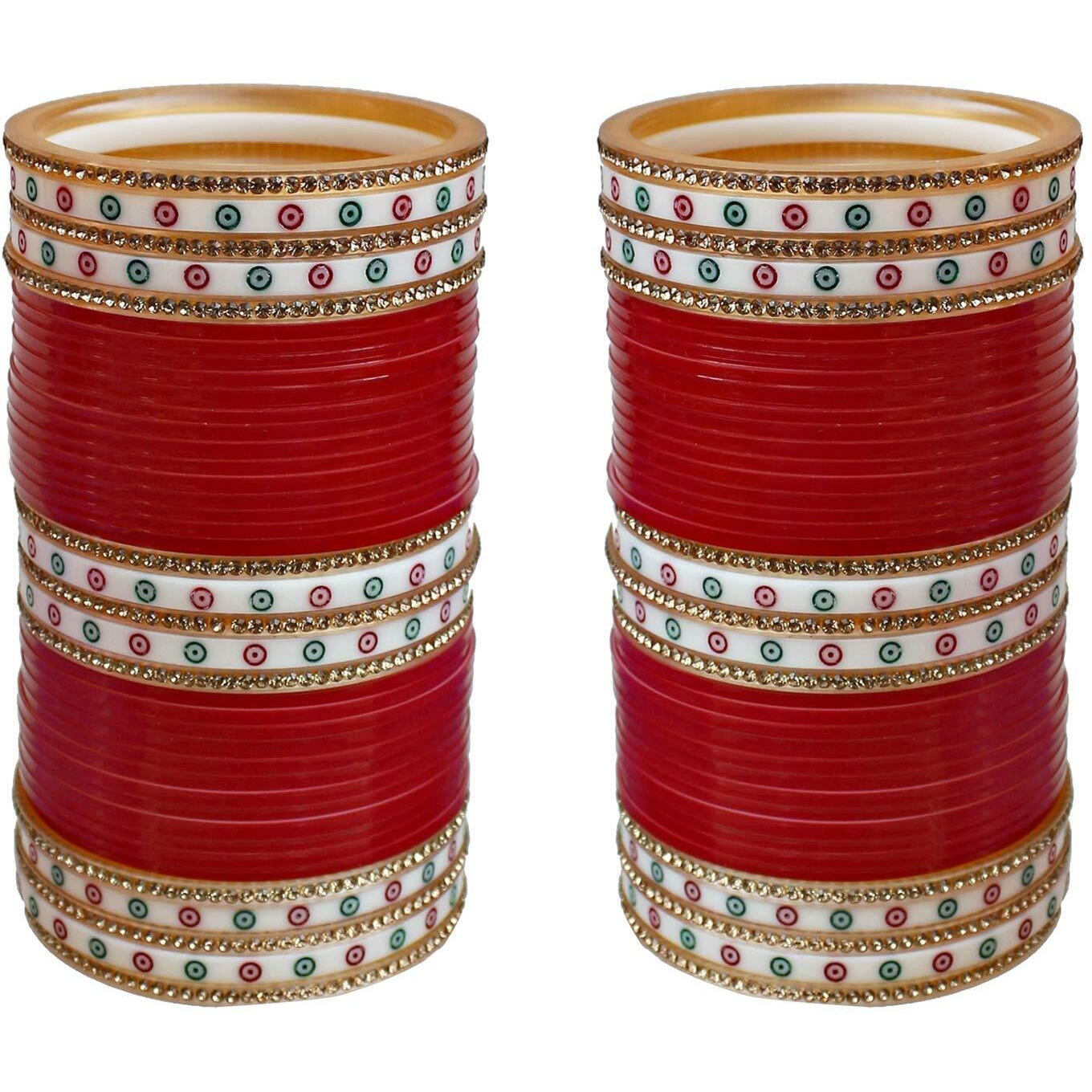 Lucky Jewellery Bridal Bangle Set Wedding Punjabi chuda Designer chura Non-Precious Metal CZ Stone Red Color choora Set for Women (792-M1C1-LEENA-R24)