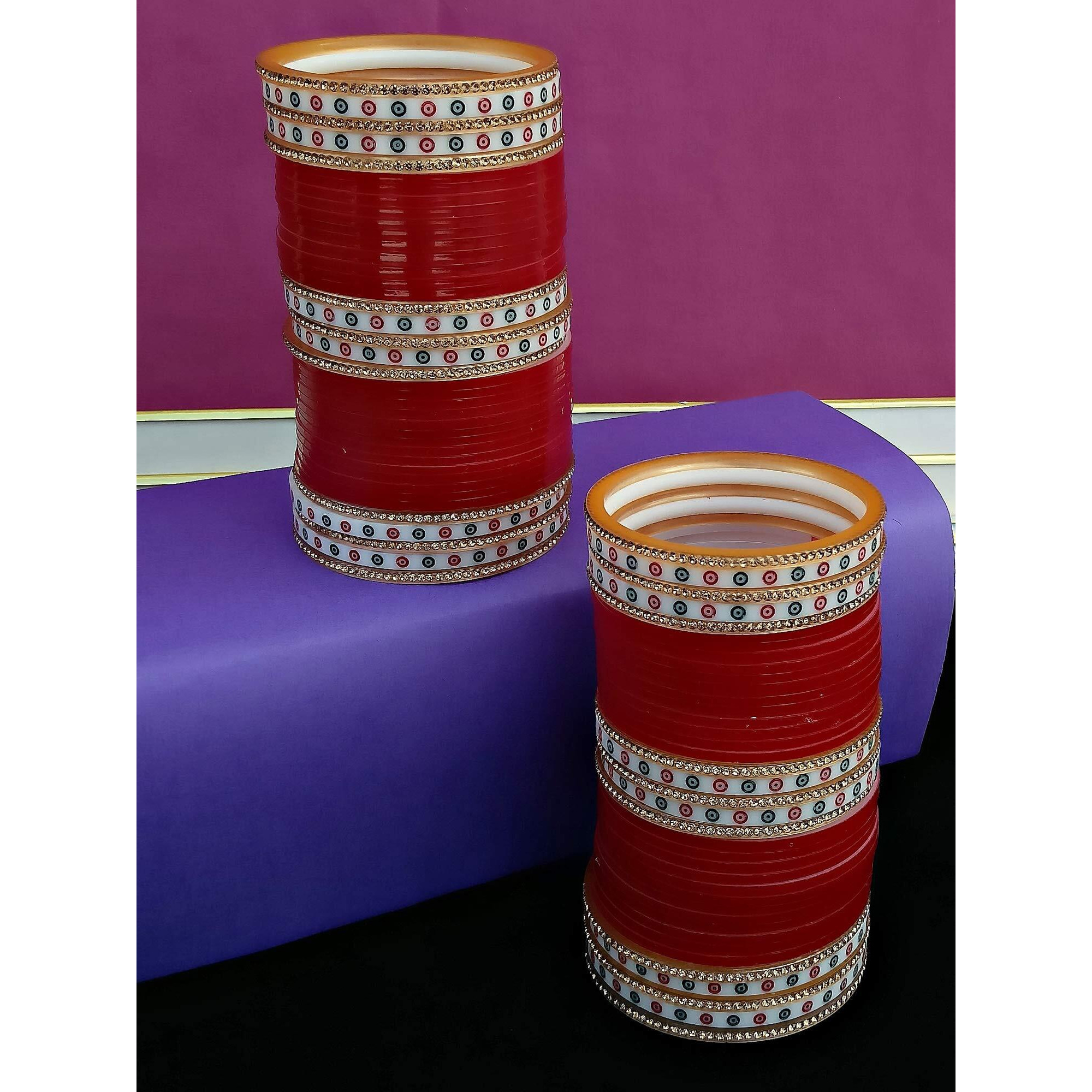 Lucky Jewellery Bridal Bangle Set Wedding Punjabi chuda Designer chura Non-Precious Metal CZ Stone Red Color choora Set for Women (792-M1C1-LEENA-R24)