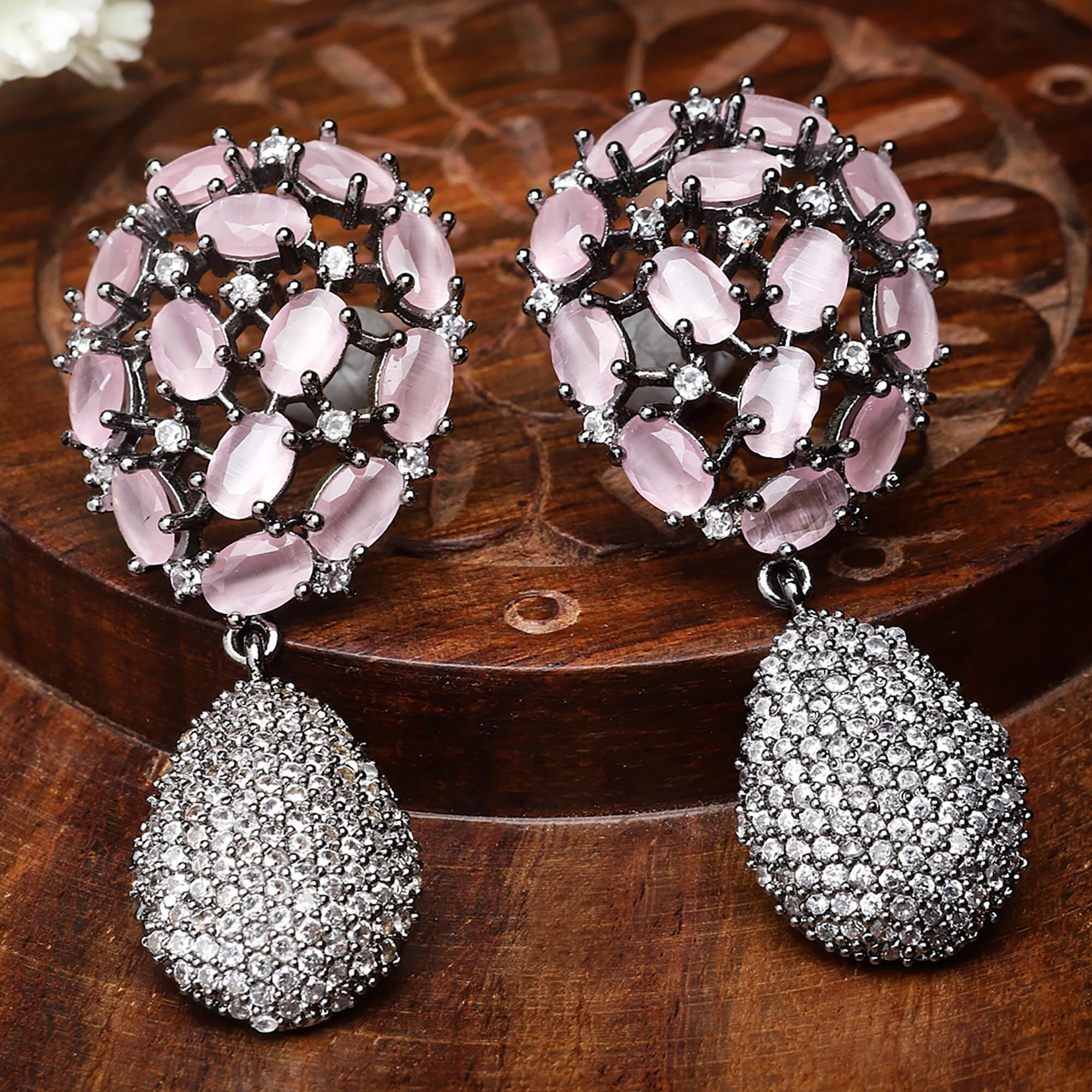 ZENEME Rhodium-Plated Gunmetal Toned American Diamond Teardrop Shaped Drop Earrings For Women & Girls