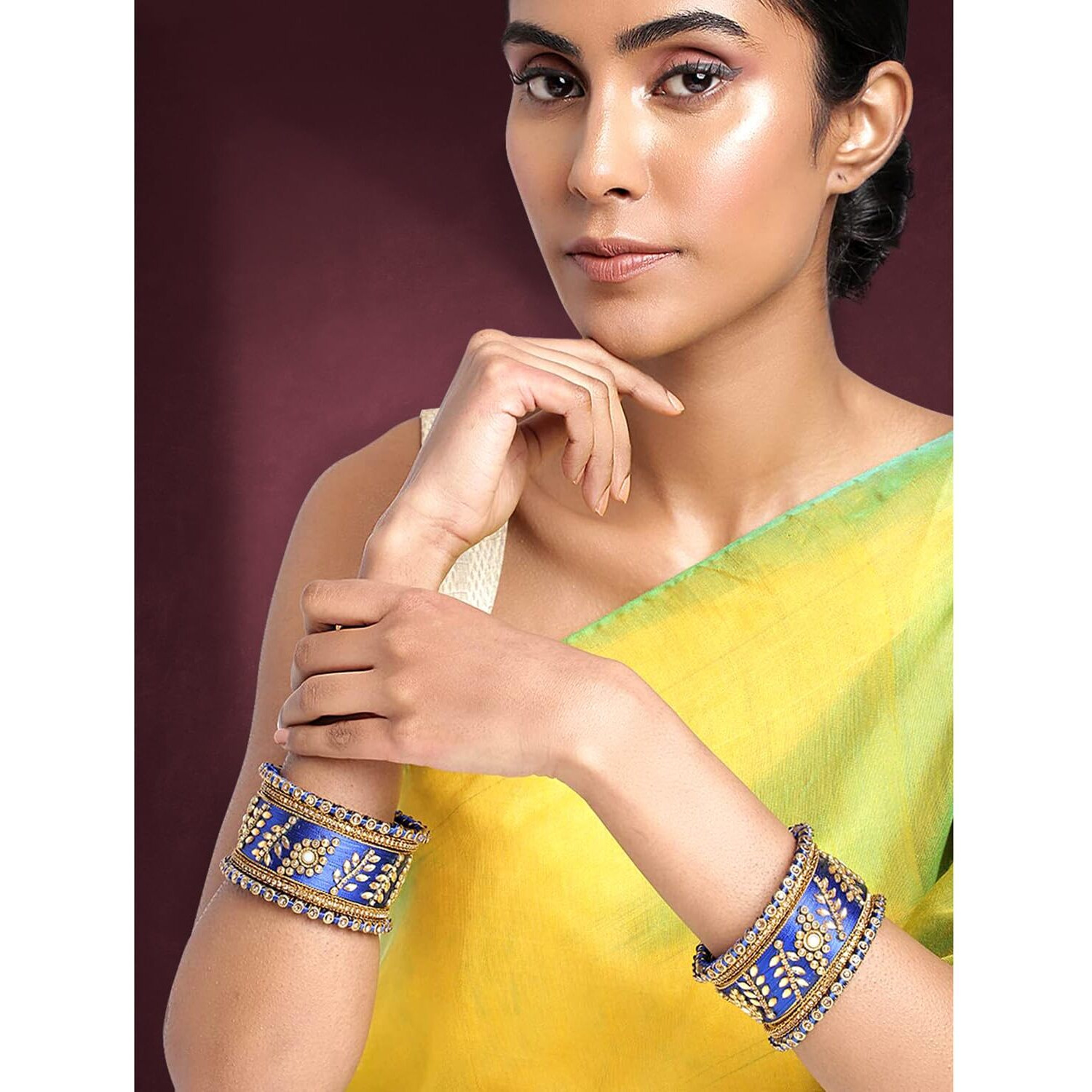 Peora Gold Plated Blue Ethnic Silk Thread Bangles Set for Women & Girls (Blue, 2.6 inch)
