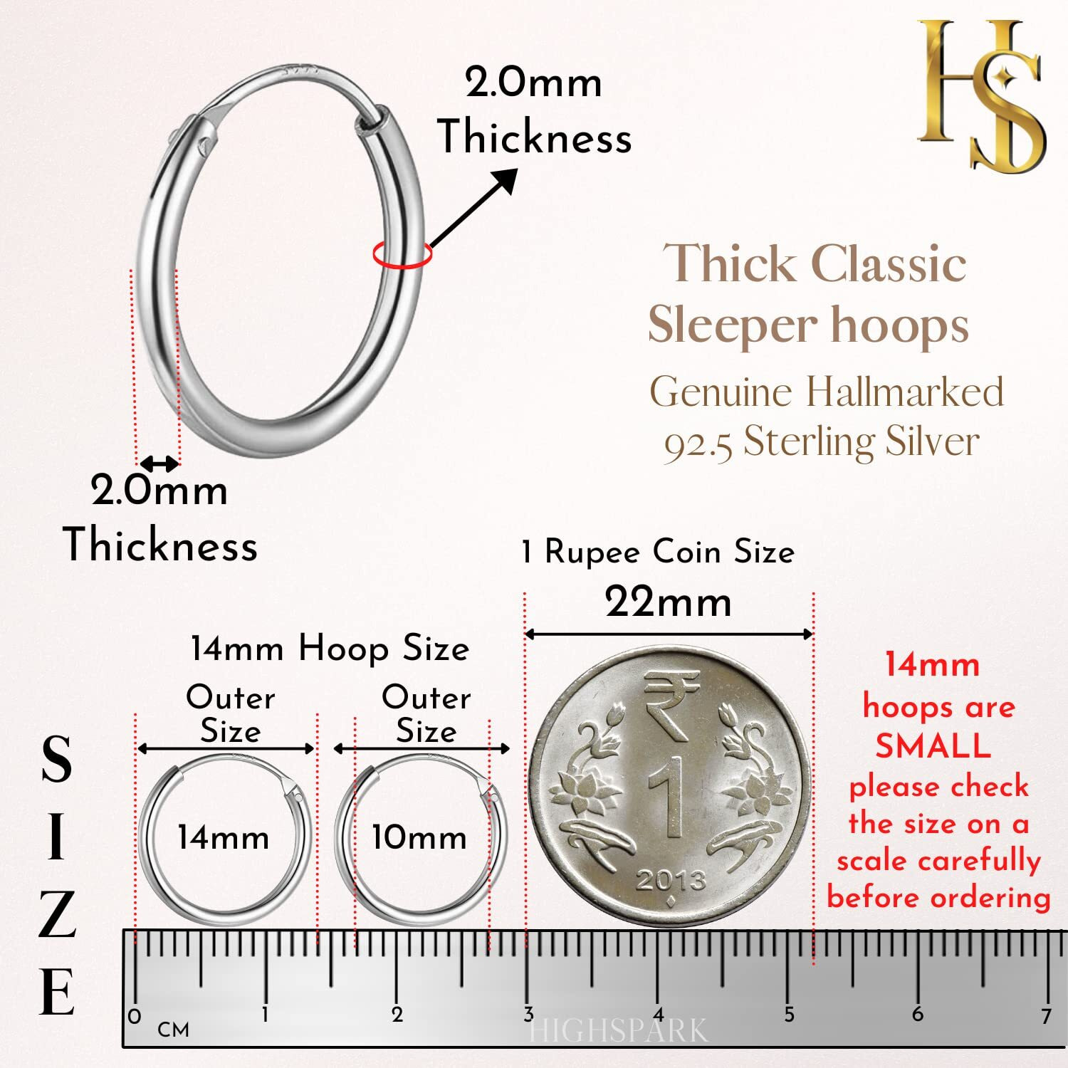 HIGHSPARK 925 Silver Hoop Earrings | 92.5 Sterling Silver Round Classic Thick Hoop Size 12mm to 20mm - Gauge 12G ie Thickness 2.0mm | Lovely Gift for Women & Girls - Silver 14mm