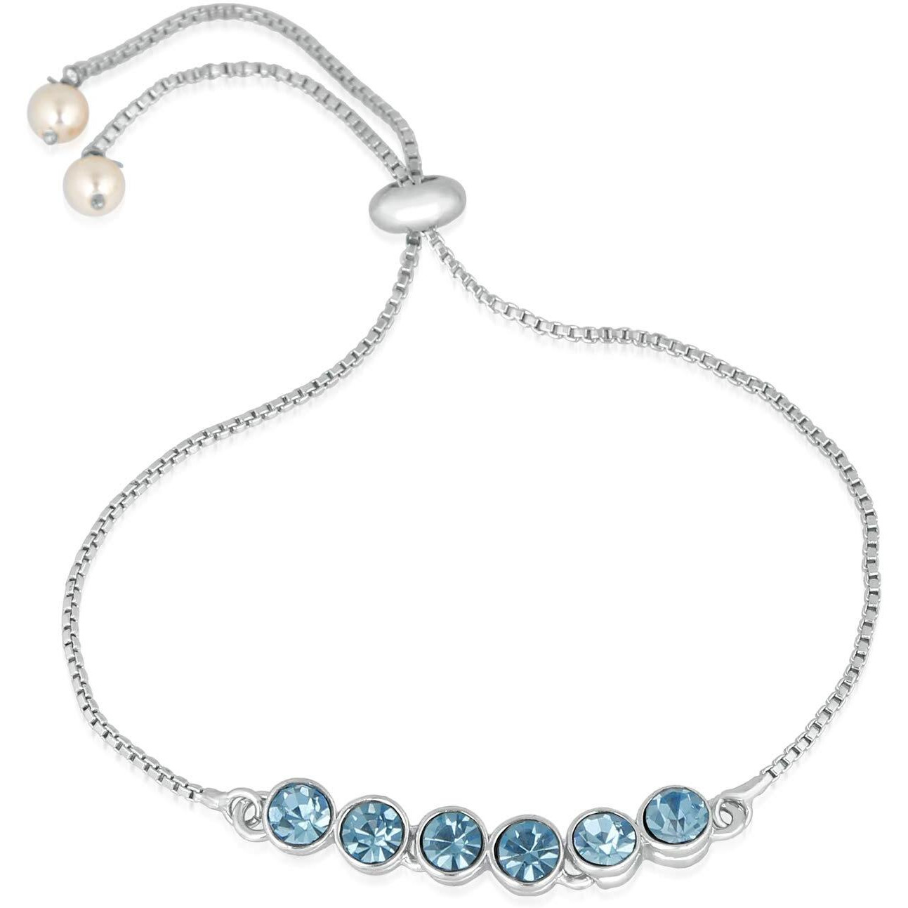 Mahi Rhodium Plated Gleaming Blue Solitaire Crystal Adjustable Bracelet for Women BR1100386RBlu