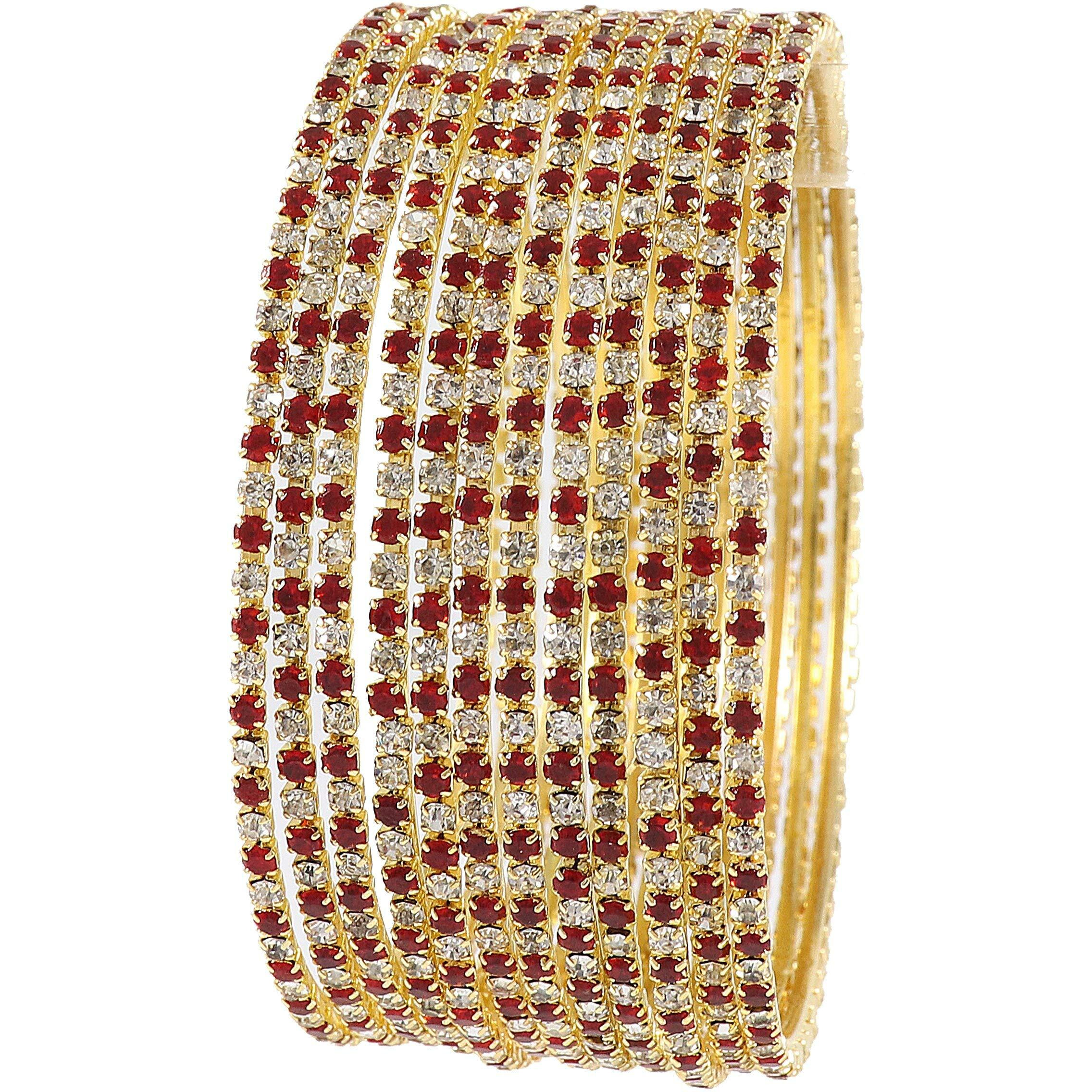 ZULKA Non-Precious Metal Base Metal with Zircon Gemstone Studded worked Glossy Finished Bangle Set For Women and Girls, (White-Red_2.2 Inches), Pack Of 12 Bangle Set