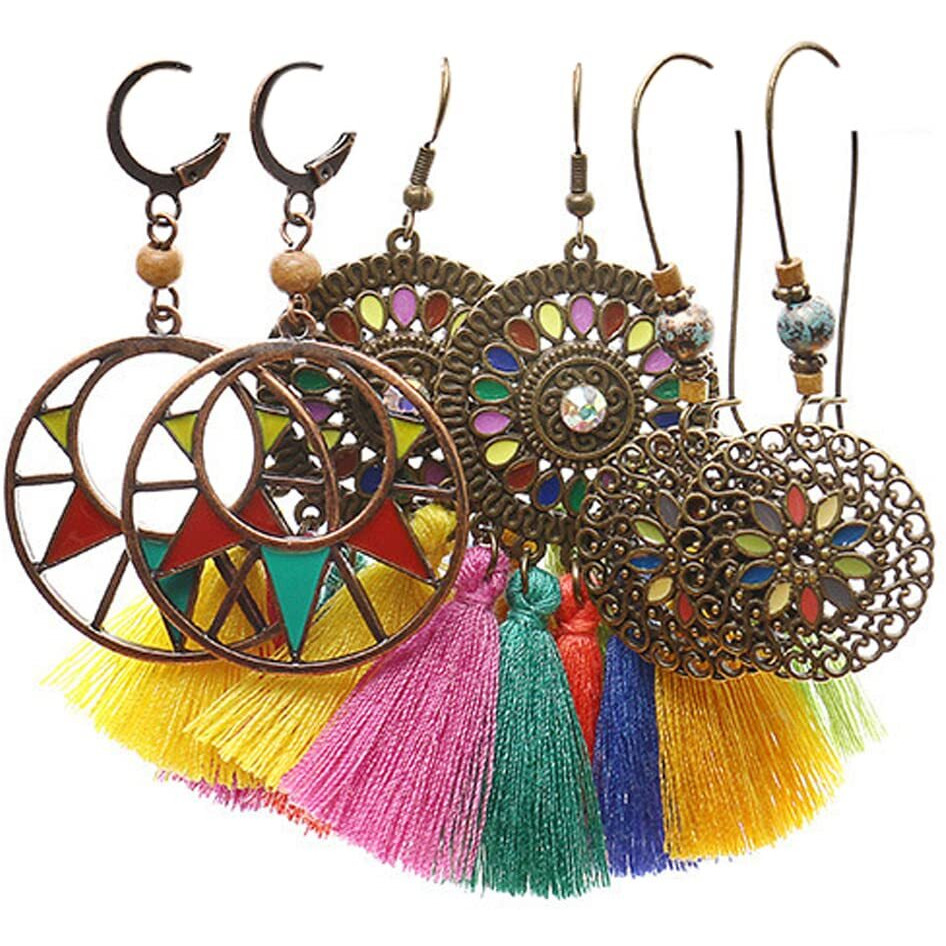 Young & Forever Gift 3Pairs Multicolor Vintage Earrings Bohemian Statement Earrings for Women Girls Retro Boho Drop Dangle Earrings Set for Women