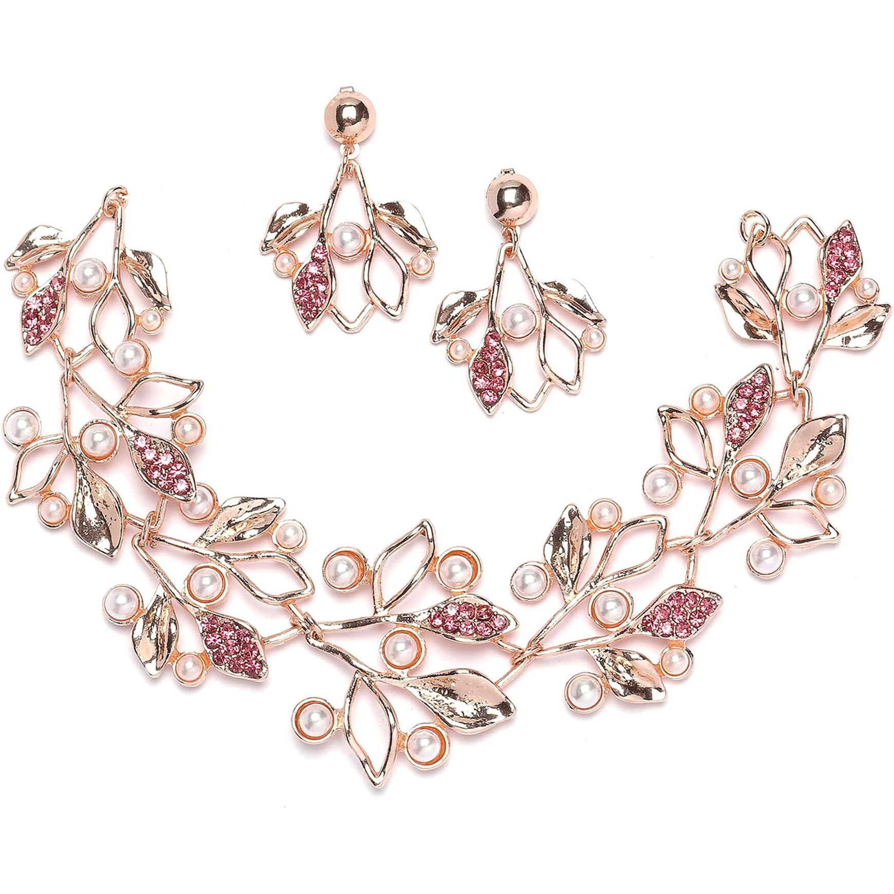 ZENEME Oxidised Silver-Plated Cubic Zirconia & White Pearls Studded Leaf Shaped Necklace With Earrings Jewellery Set For Girls and Women (Rose Gold pink)
