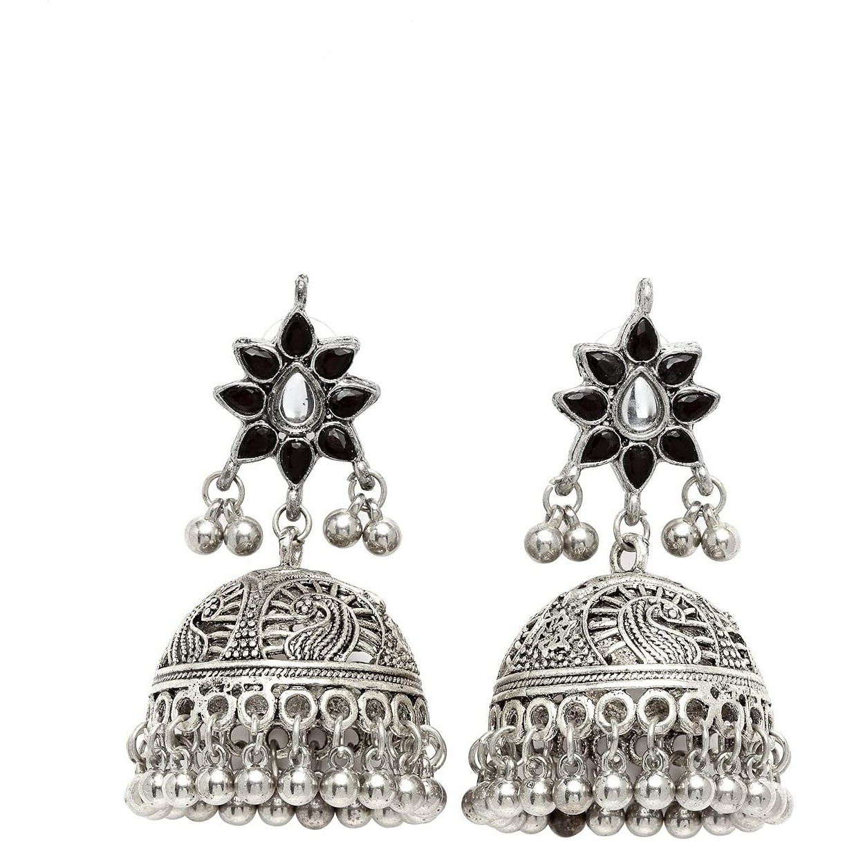 Karatcart Stylish Tribal Collection Traditional Indian Antique Oxidised Silver Afghan Jhumka Jhumki Earrings for Women Girls