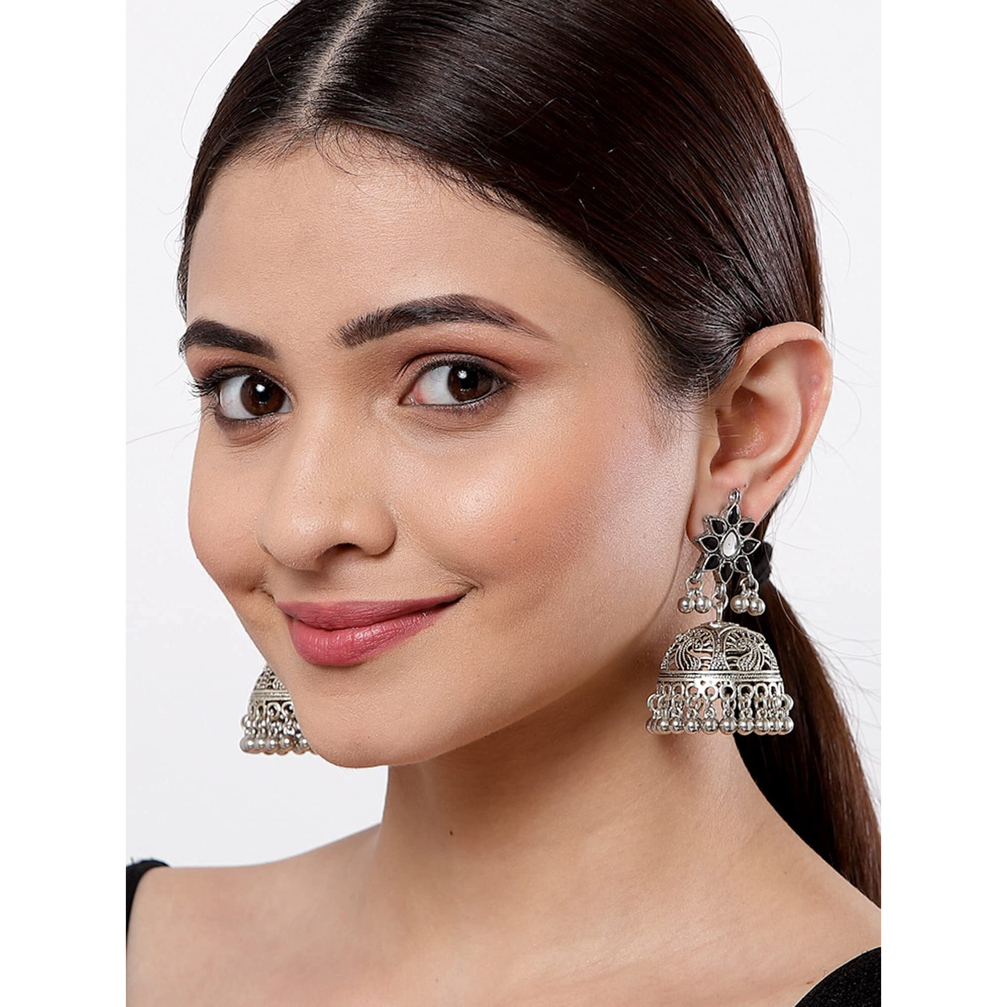Karatcart Stylish Tribal Collection Traditional Indian Antique Oxidised Silver Afghan Jhumka Jhumki Earrings for Women Girls