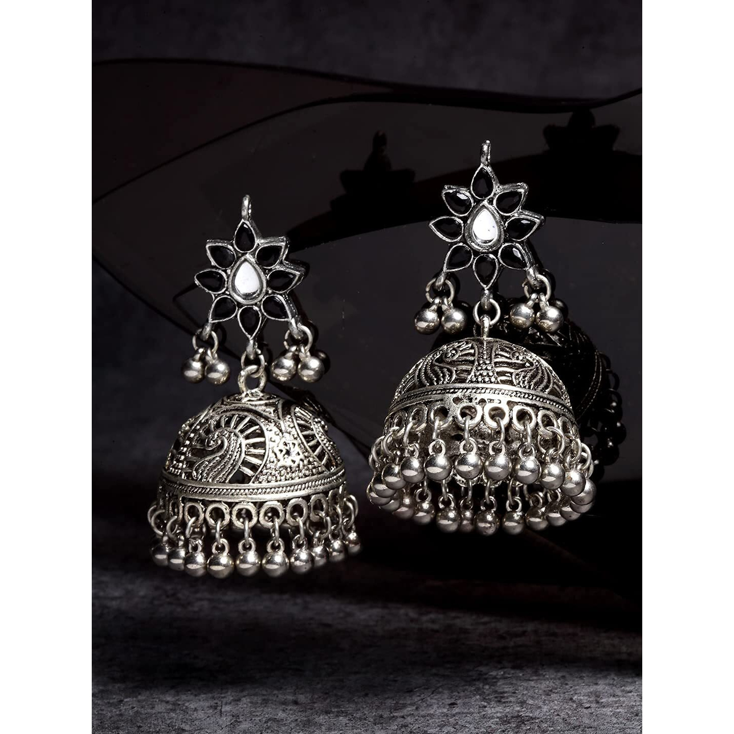 Karatcart Stylish Tribal Collection Traditional Indian Antique Oxidised Silver Afghan Jhumka Jhumki Earrings for Women Girls