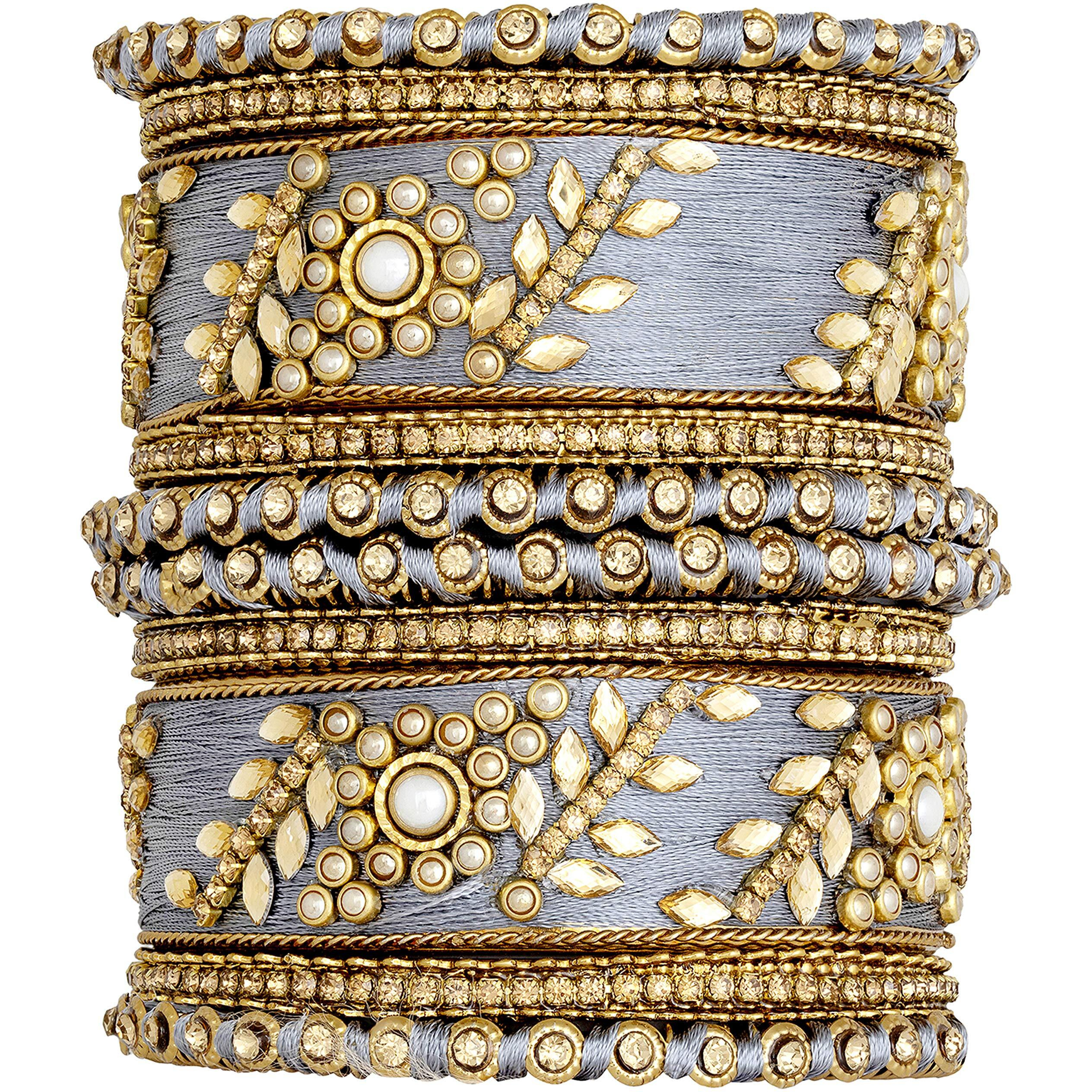 Peora Designer Silk Thread Grey Floral Bangle Set Bridal Chuda Chura Jewellery for Women (2.8 inch)