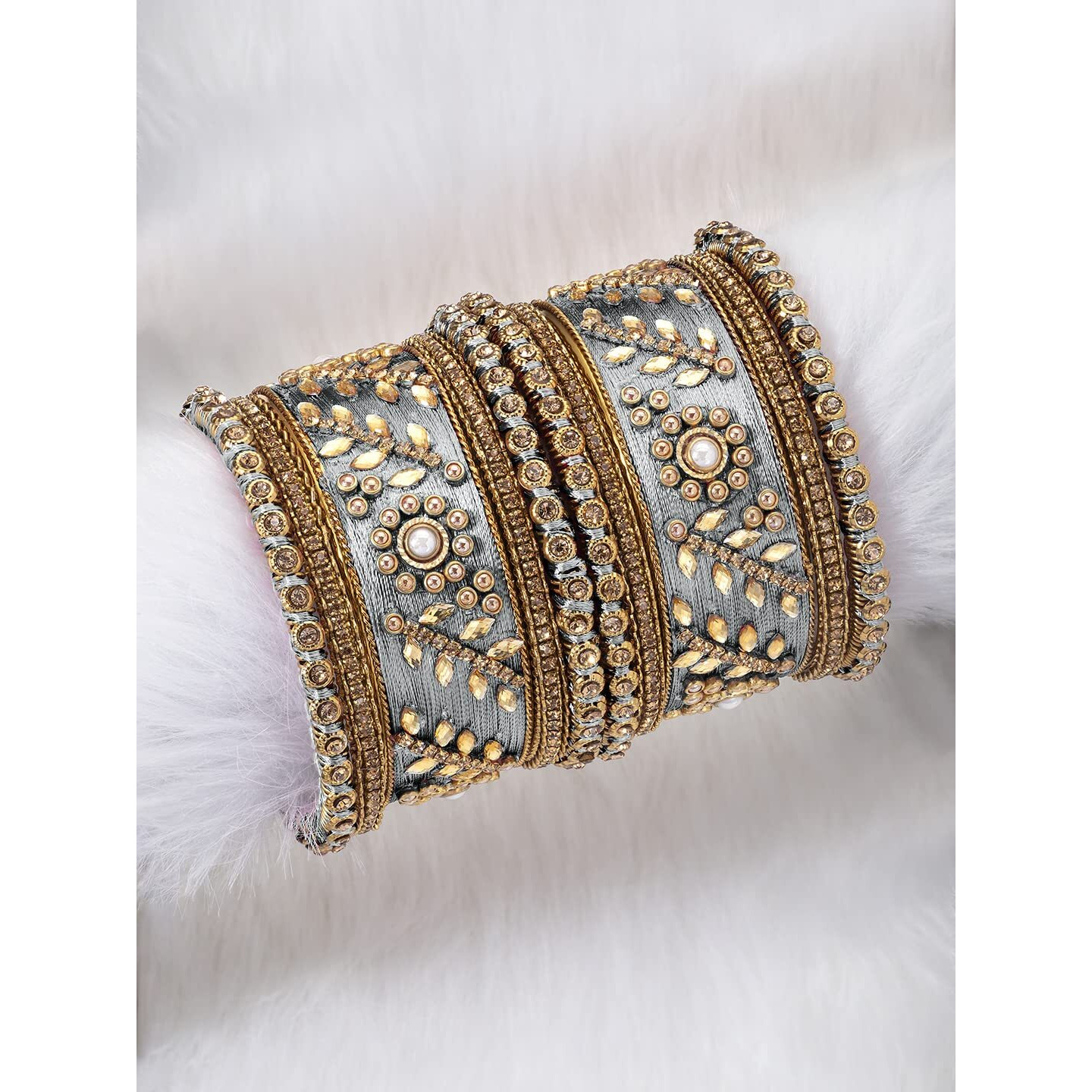 Peora Designer Silk Thread Grey Floral Bangle Set Bridal Chuda Chura Jewellery for Women (2.8 inch)