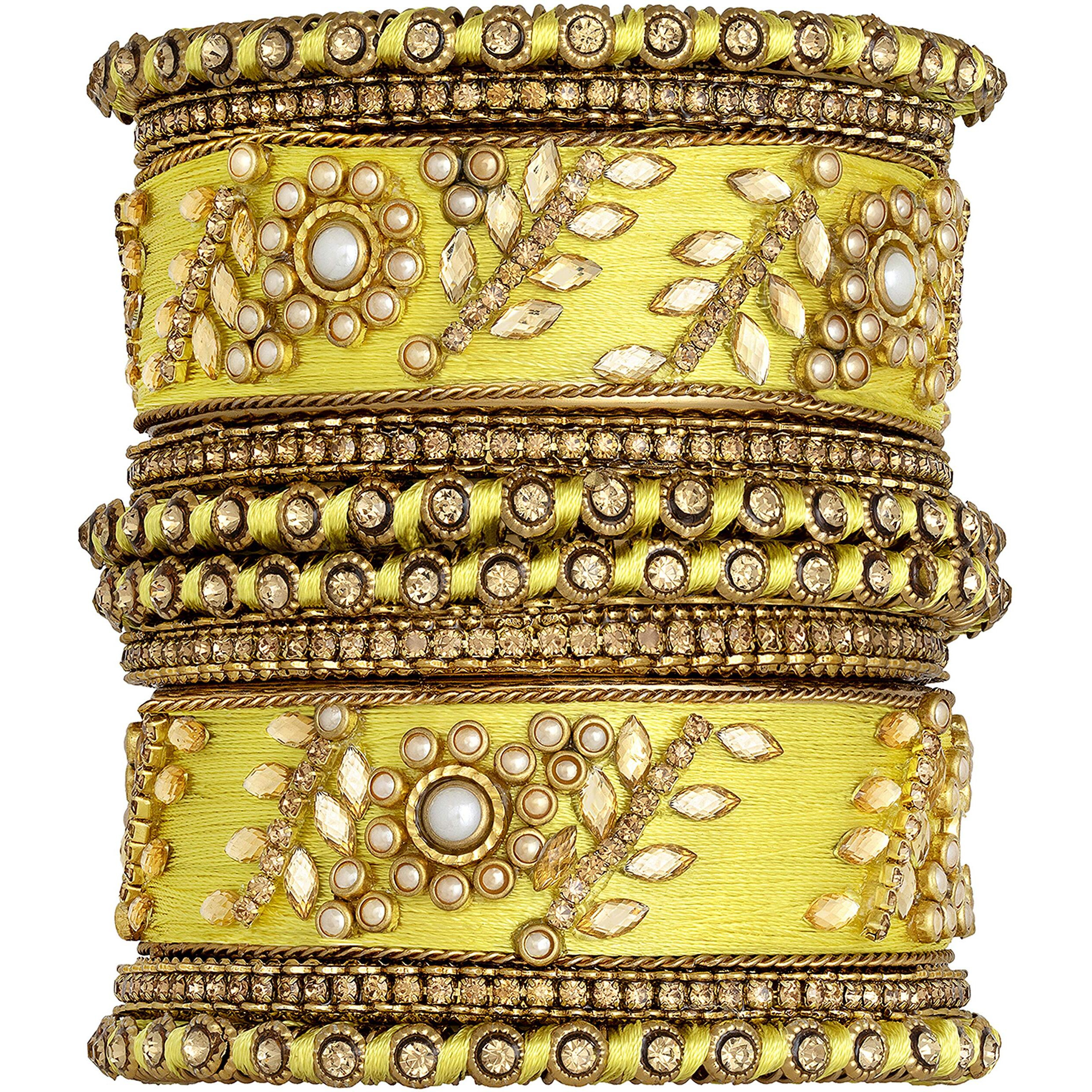 Peora Womens Designer Silk Thread and Gold Plated Alloy Lemon Floral Bangle Set Bridal Wedding Kundan/Chuda/Chura Indian Ethnic Fashion Jewellery (Lemon, Size -2.6 inch)