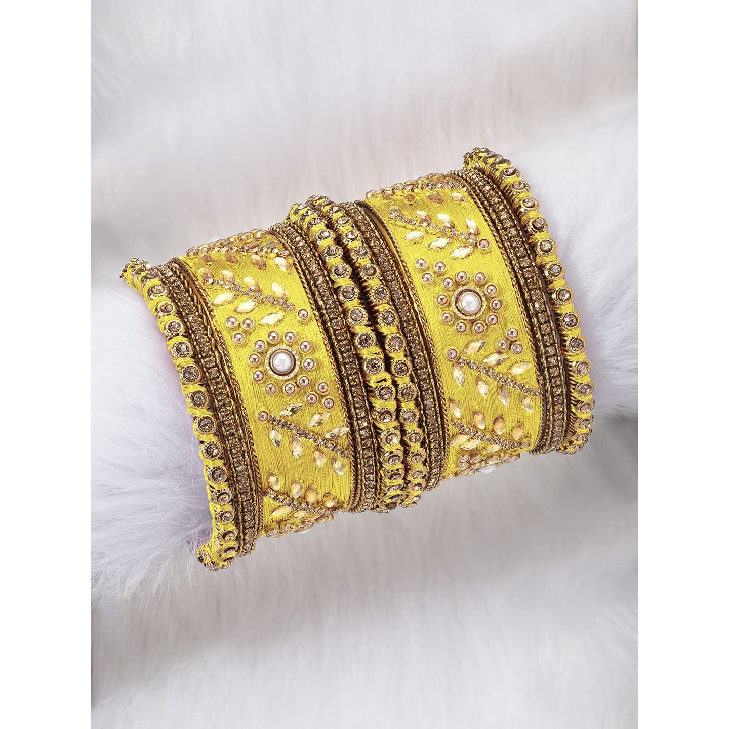 Peora Womens Designer Silk Thread and Gold Plated Alloy Lemon Floral Bangle Set Bridal Wedding Kundan/Chuda/Chura Indian Ethnic Fashion Jewellery (Lemon, Size -2.6 inch)