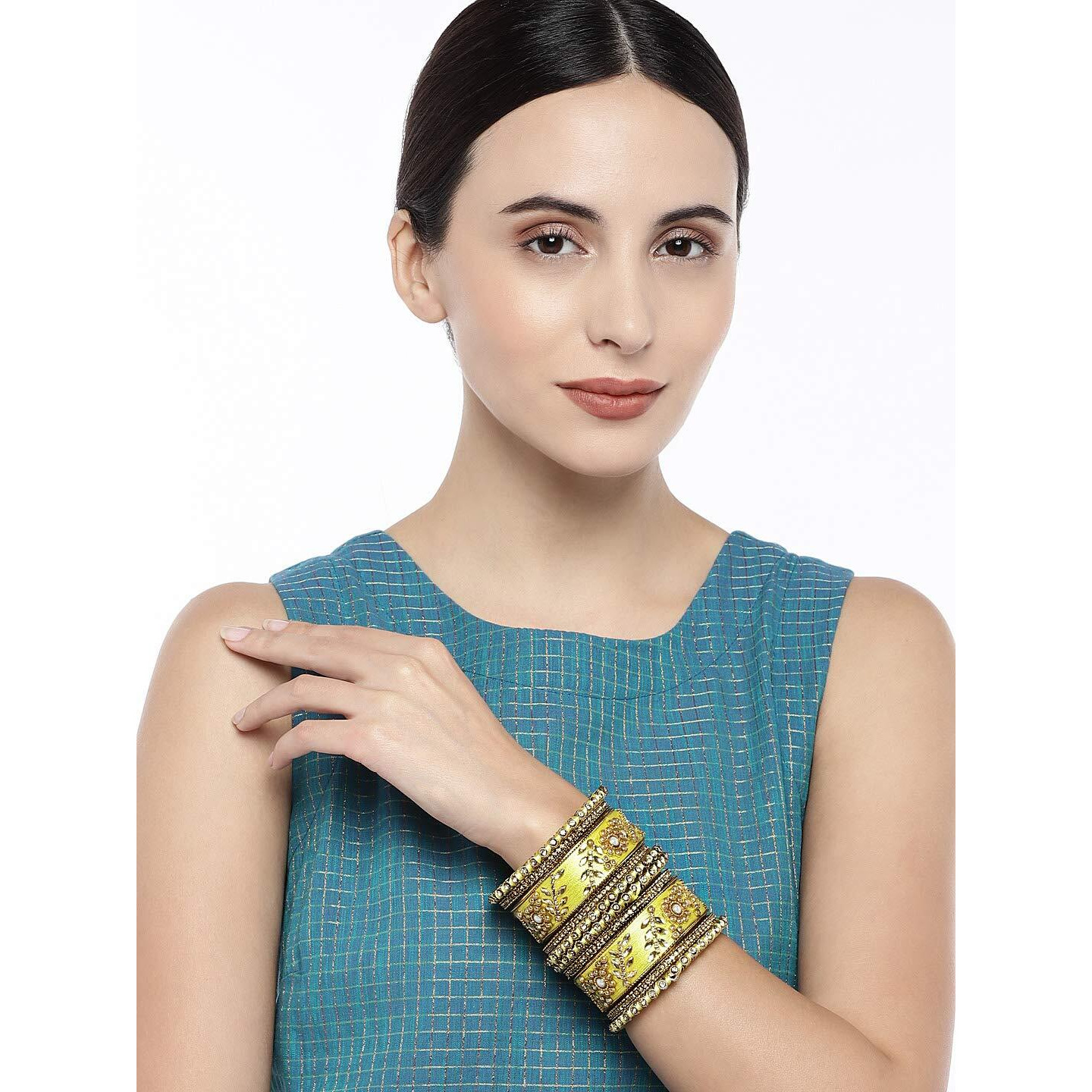 Peora Womens Designer Silk Thread and Gold Plated Alloy Lemon Floral Bangle Set Bridal Wedding Kundan/Chuda/Chura Indian Ethnic Fashion Jewellery (Lemon, Size -2.6 inch)