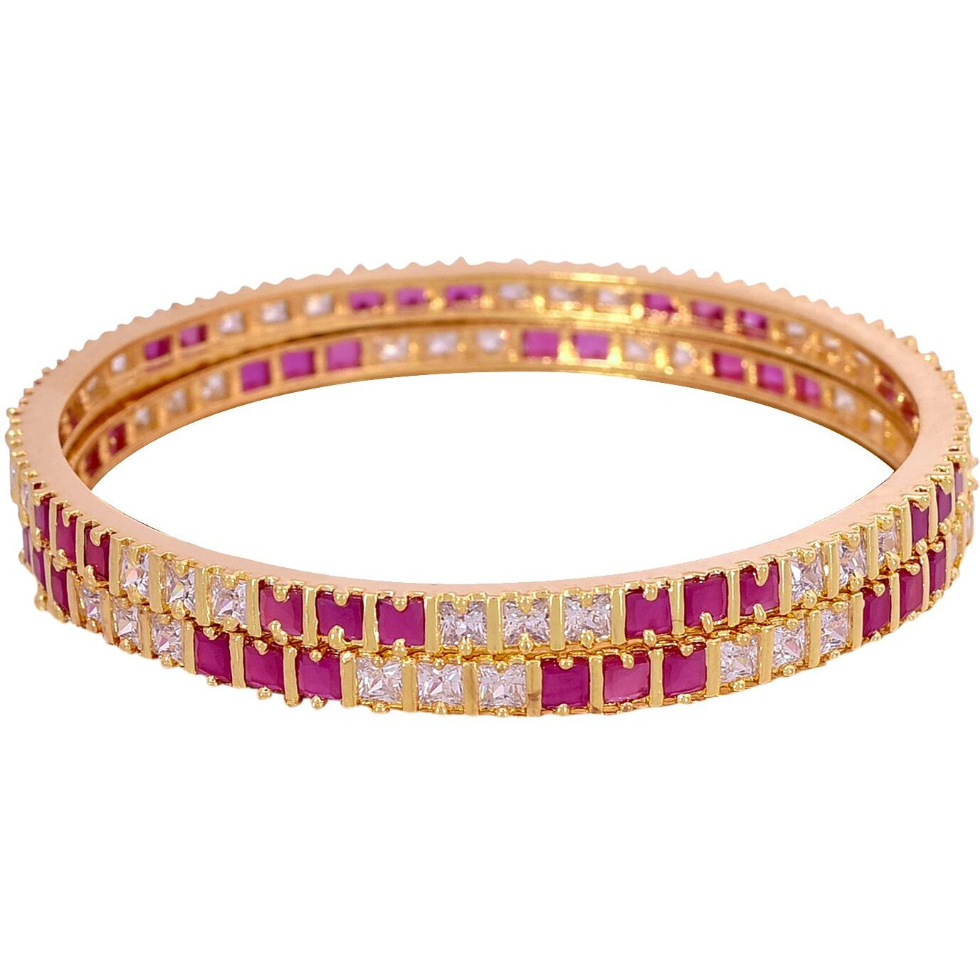Ratnavali Jewels Beautiful CZ/AD Studded Gold Plated Traditional Red Ruby White American Diamond Bangles Set for Women RV791