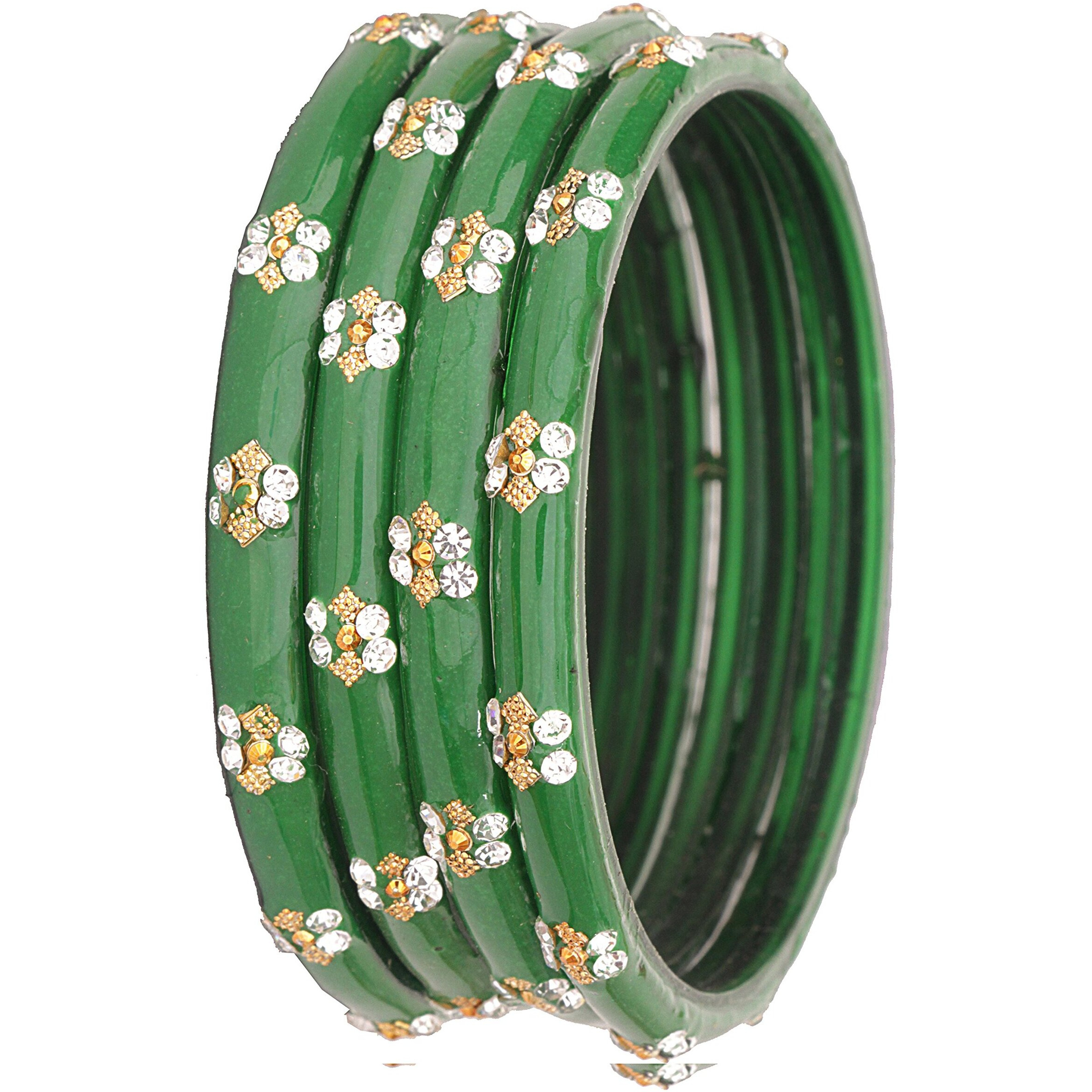 NMII Glass with Zircon Gemstone Studded worked Glossy Finished Kada Set For Women and Girls, (Green1_2.4 Inches), Pack Of 4 Kada Set