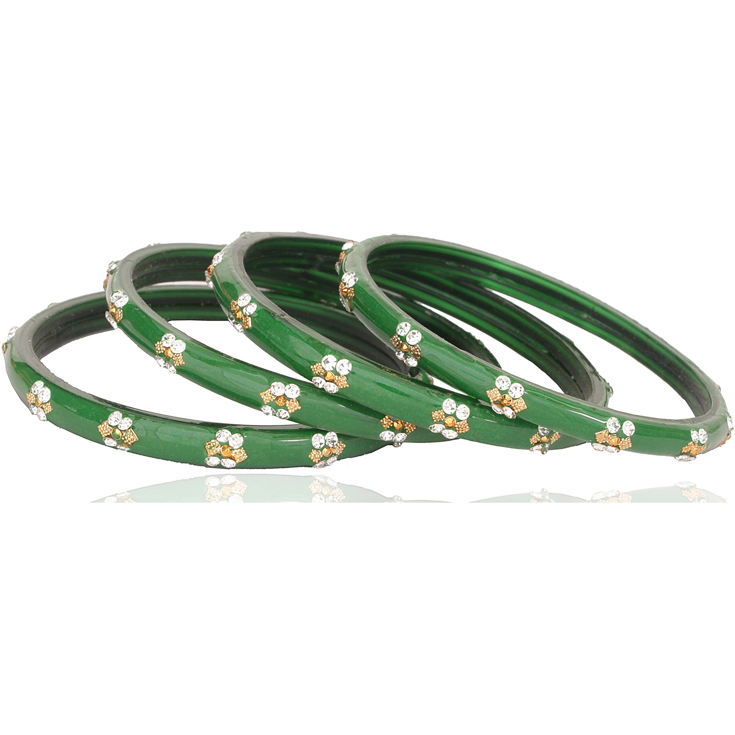 NMII Glass with Zircon Gemstone Studded worked Glossy Finished Kada Set For Women and Girls, (Green1_2.4 Inches), Pack Of 4 Kada Set