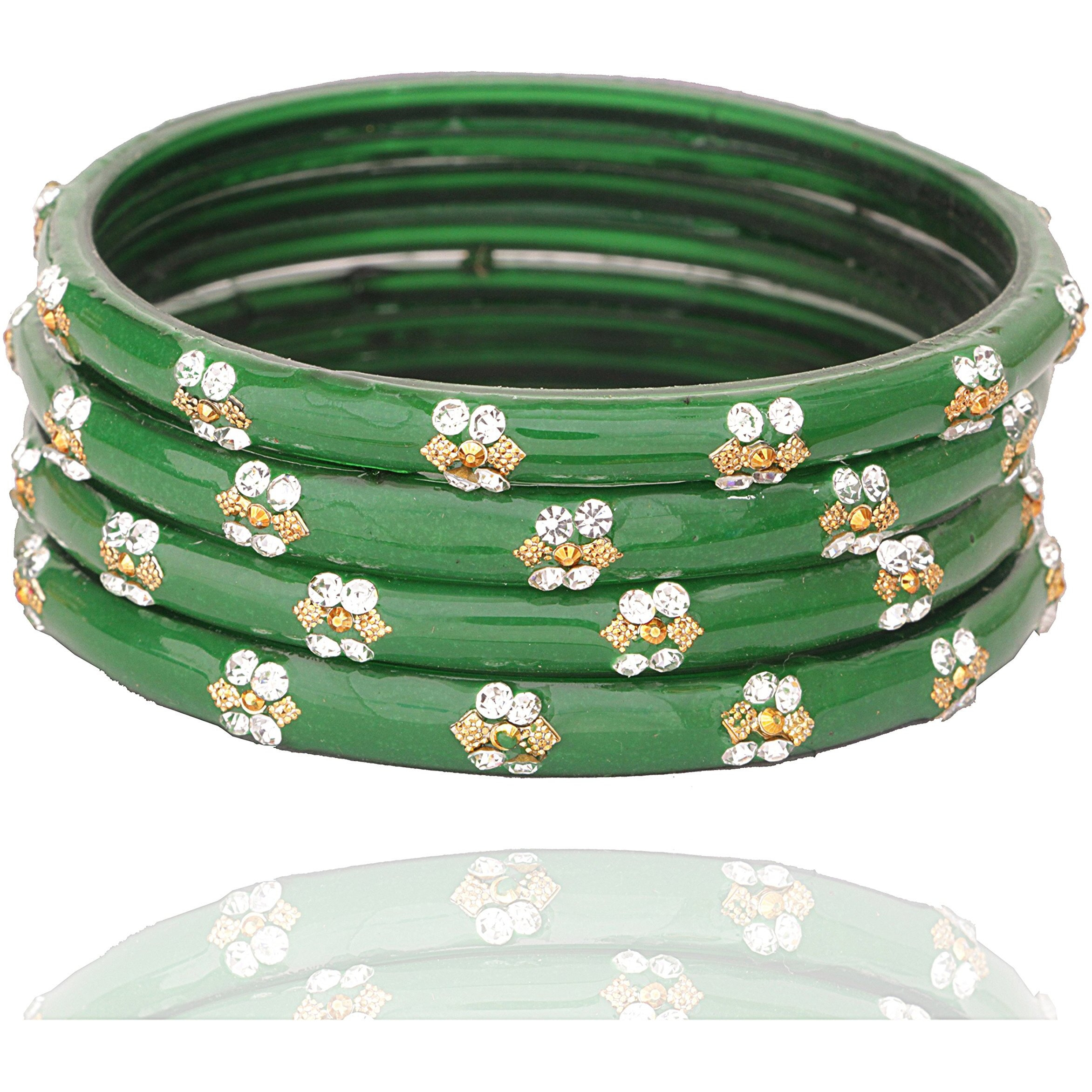 NMII Glass with Zircon Gemstone Studded worked Glossy Finished Kada Set For Women and Girls, (Green1_2.4 Inches), Pack Of 4 Kada Set