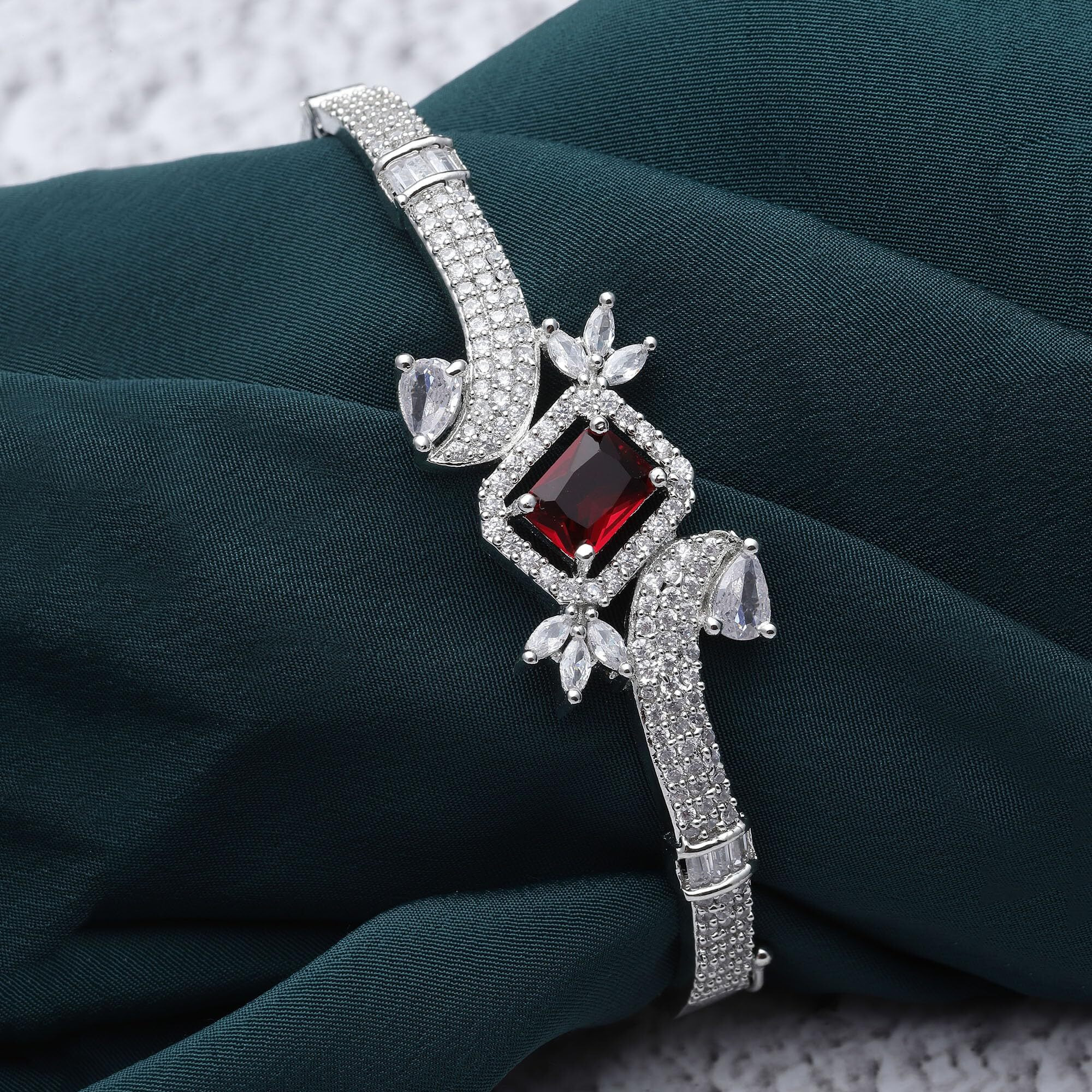 ZENEME Bracelet Rose Gold Plated Gunmetal Toned Red American Diamond Studded Contemporary Kada Openable Bracelet For Women and Girls